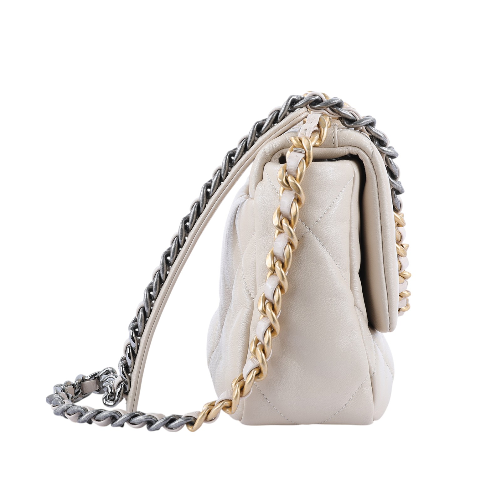 香奈兒 CHANEL 19 口蓋包 菱格紋 金銀鍊帶 手提 肩背包 AS1160 米色羊皮金扣19包26CM 原廠盒子/防塵袋/保證卡