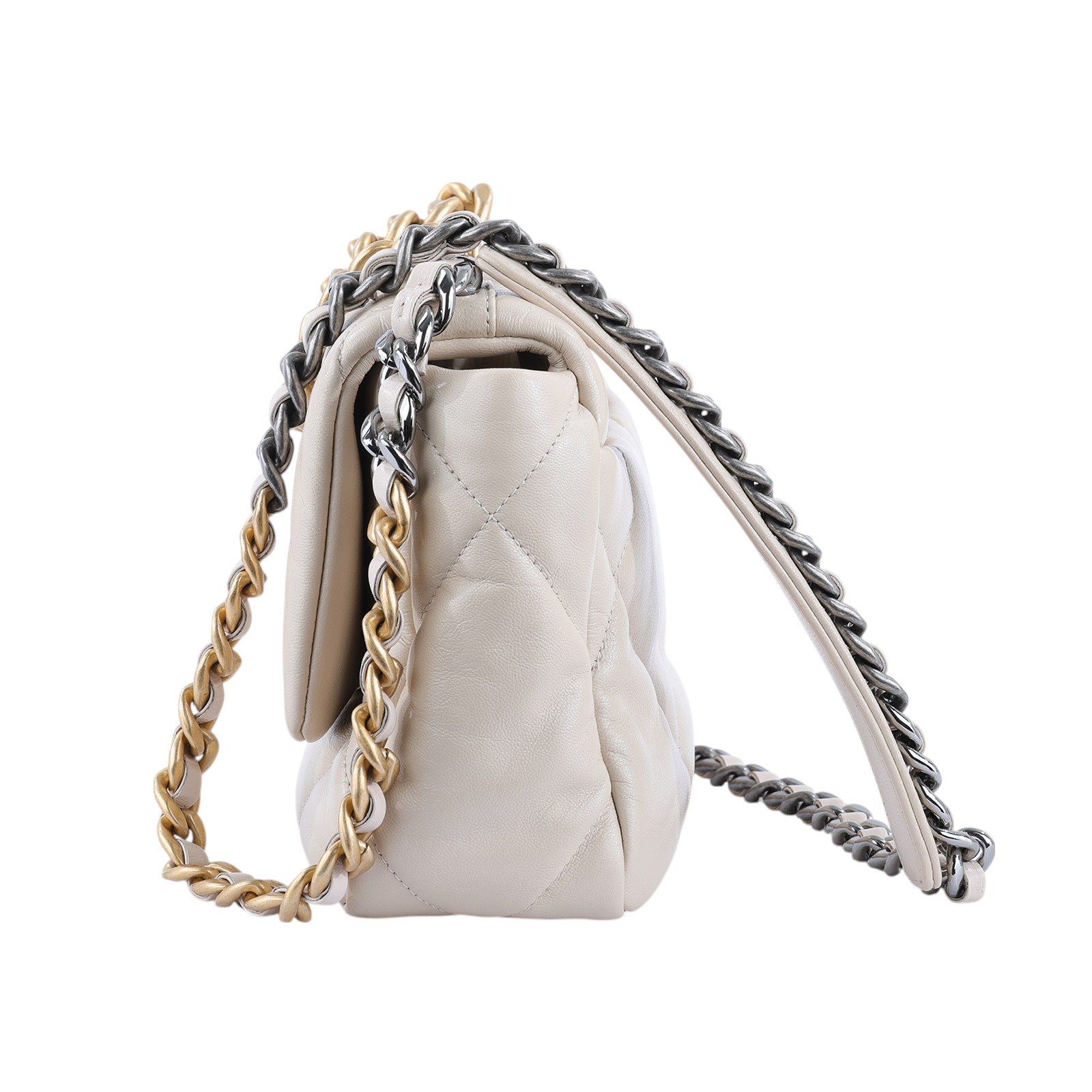 香奈兒 CHANEL 19 口蓋包 菱格紋 金銀鍊帶 手提 肩背包 AS1160 米色羊皮金扣19包26CM 原廠盒子/防塵袋/保證卡