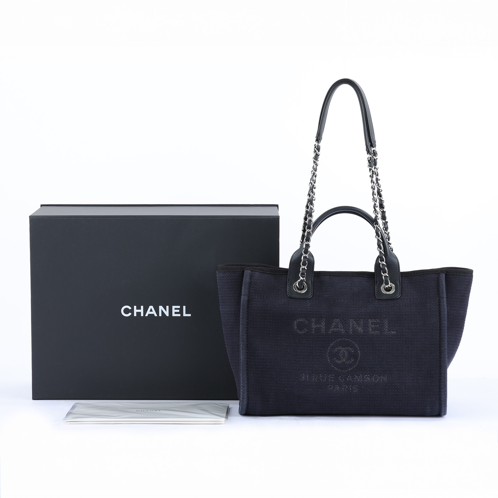 香奈兒 CHANEL 海灘包  晶片款 黑銀Deauvill 沙灘包MM 原廠盒子/內袋