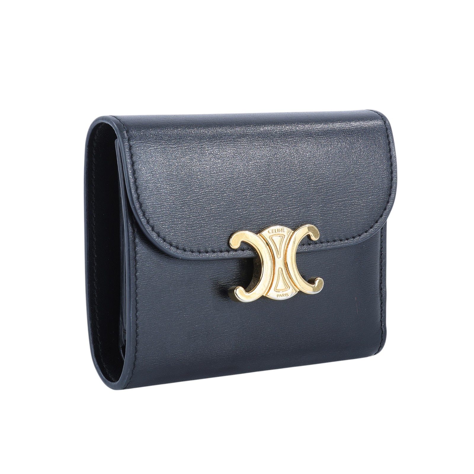 思琳 CELINE 亮面牛皮革 小型 TRIOMPHE COMPACT 銀包連零錢格 10D783DPV 黑凱旋門翻蓋三折短夾 原廠盒子/防塵袋