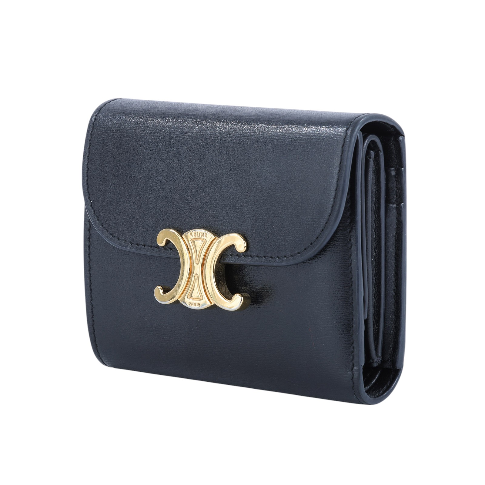 思琳 CELINE 亮面牛皮革 小型 TRIOMPHE COMPACT 銀包連零錢格 10D783DPV 黑凱旋門翻蓋三折短夾 原廠盒子/防塵袋