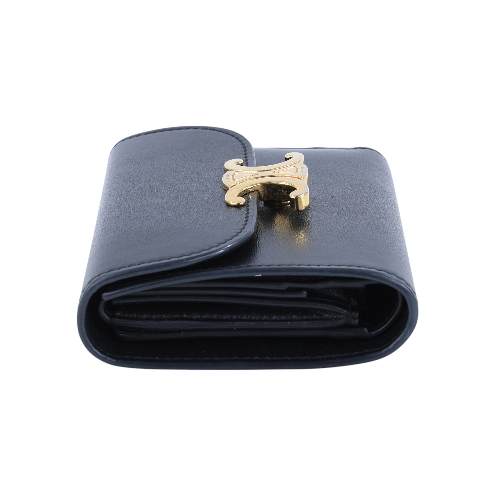 思琳 CELINE 亮面牛皮革 小型 TRIOMPHE COMPACT 銀包連零錢格 10D783DPV 黑凱旋門翻蓋三折短夾 原廠盒子/防塵袋