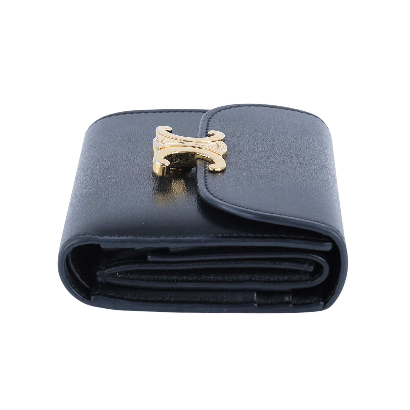 思琳 CELINE 亮面牛皮革 小型 TRIOMPHE COMPACT 銀包連零錢格 10D783DPV 黑凱旋門翻蓋三折短夾 原廠盒子/防塵袋