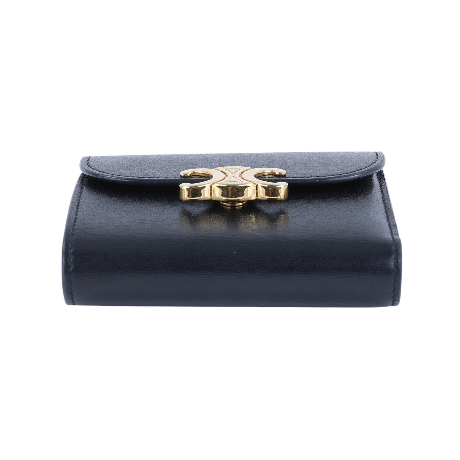 思琳 CELINE 亮面牛皮革 小型 TRIOMPHE COMPACT 銀包連零錢格 10D783DPV 黑凱旋門翻蓋三折短夾 原廠盒子/防塵袋