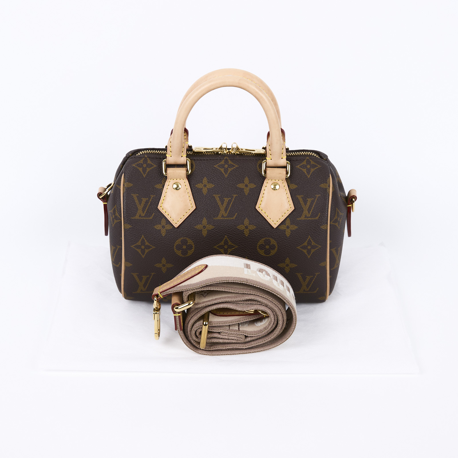 路易威登 LOUIS VUITTON Speedy Bandoulière 20 米色 帆布 手提 斜背 波士頓包 M46222 晶片款  背帶