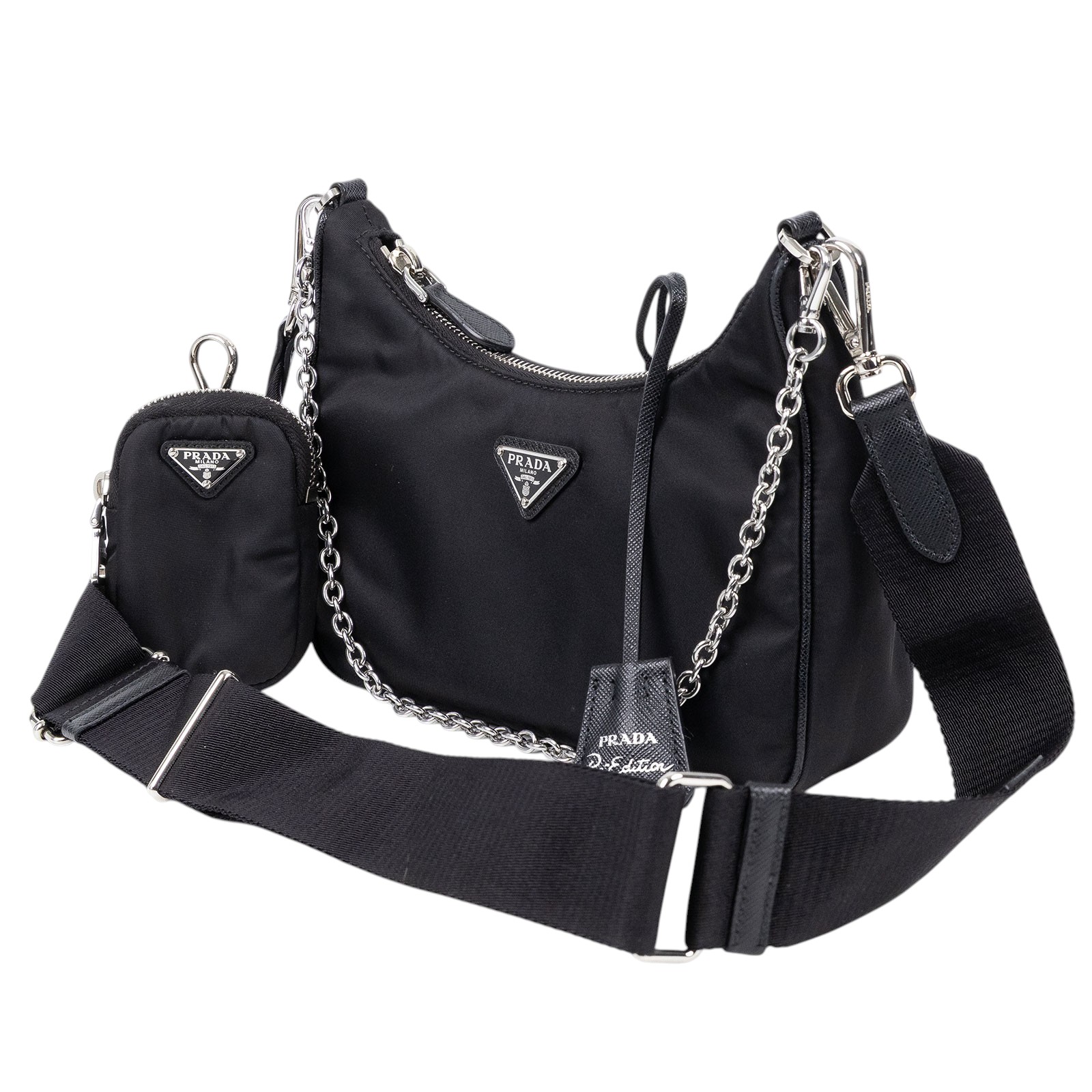 普拉達 PRADA Re-Edition 2005 Re-Nylon 手袋 1BH204_R064 黑銀三合一尼龍肩背包 背帶2/吊牌/內袋/收據