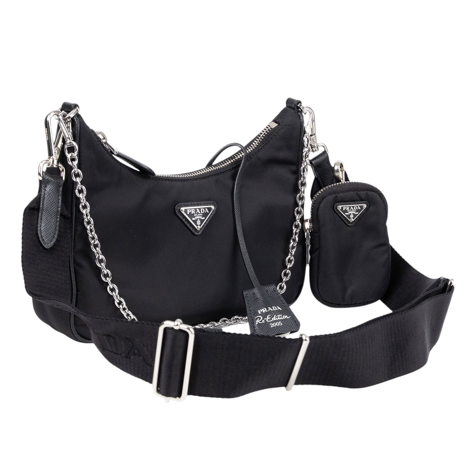 普拉達 PRADA Re-Edition 2005 Re-Nylon 手袋 1BH204_R064 黑銀三合一尼龍肩背包 背帶2/吊牌/內袋/收據