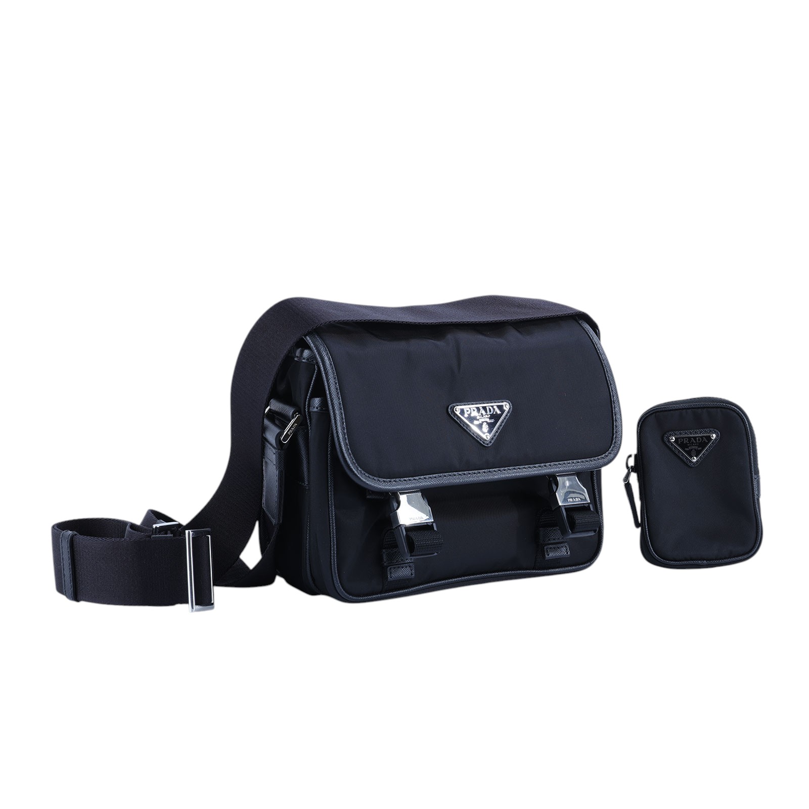 普拉達 PRADA Re-Nylon Saffiano 皮革肩背袋 2VD034_2DMH 黑尼龍掀蓋郵差包 內袋/保證卡