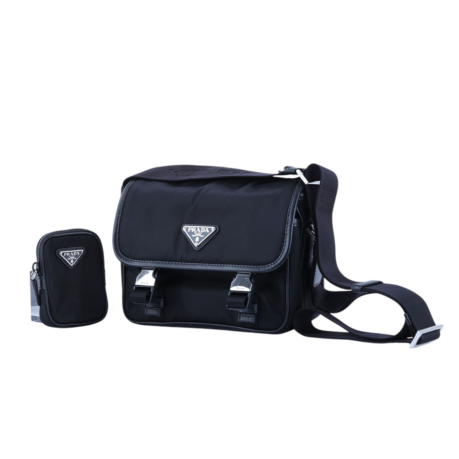 普拉達 PRADA Re-Nylon Saffiano 皮革肩背袋 2VD034_2DMH 黑尼龍掀蓋郵差包 內袋/保證卡