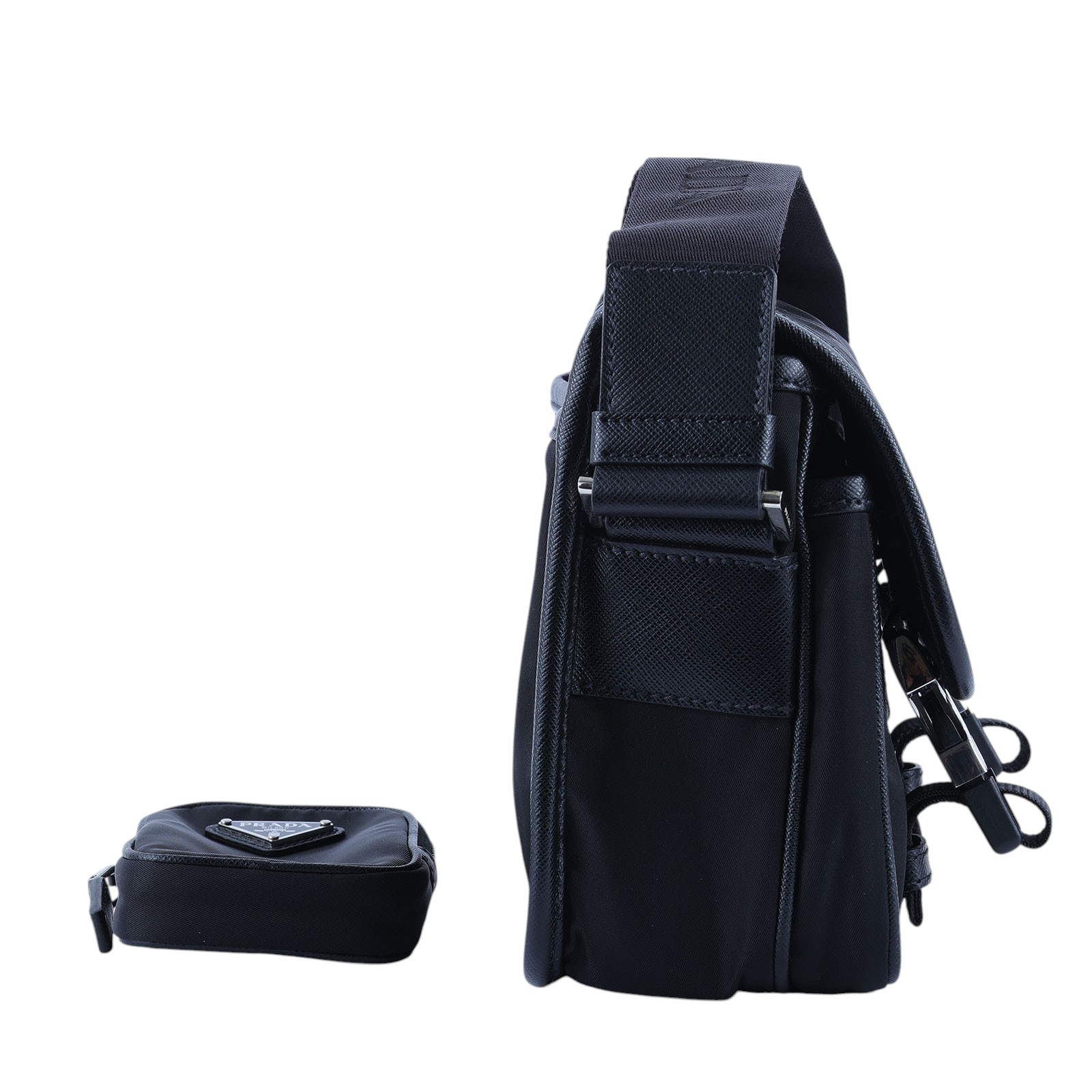 普拉達 PRADA Re-Nylon Saffiano 皮革肩背袋 2VD034_2DMH 黑尼龍掀蓋郵差包 內袋/保證卡