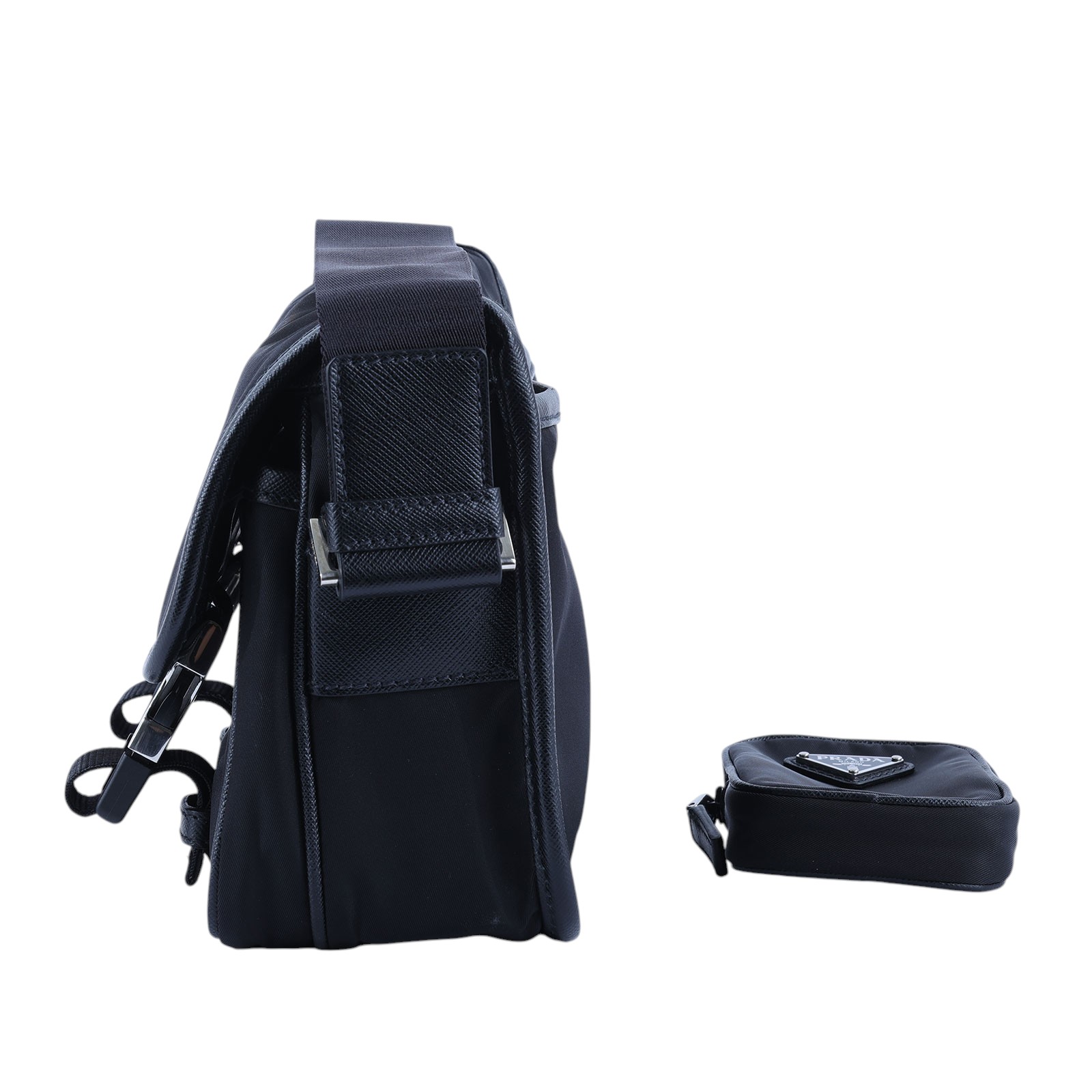 普拉達 PRADA Re-Nylon Saffiano 皮革肩背袋 2VD034_2DMH 黑尼龍掀蓋郵差包 內袋/保證卡