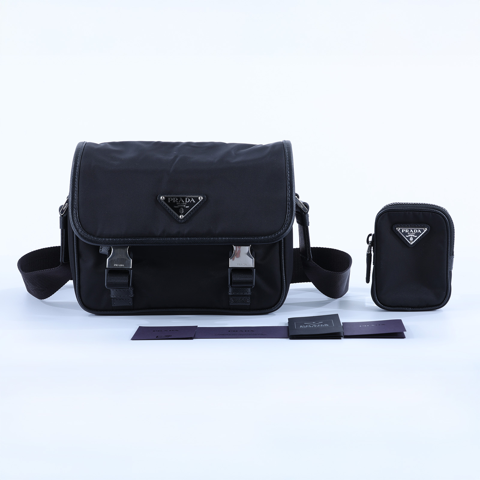 普拉達 PRADA Re-Nylon Saffiano 皮革肩背袋 2VD034_2DMH 黑尼龍掀蓋郵差包 內袋/保證卡