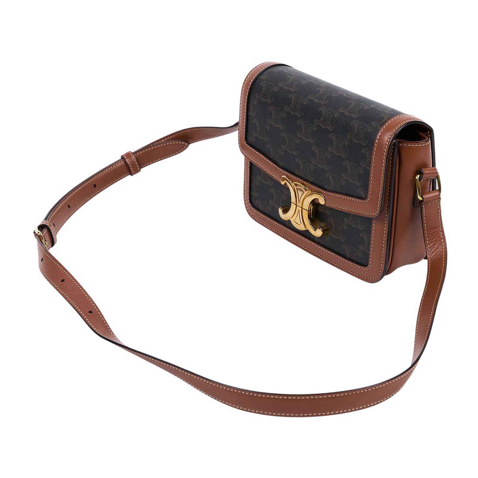 思琳 CELINE 標誌印花 牛皮革 Teen Triomphe 凱旋門 肩背包 188882BZ4 棕帆布凱旋門 TEEN 原廠盒子/防塵袋/發票