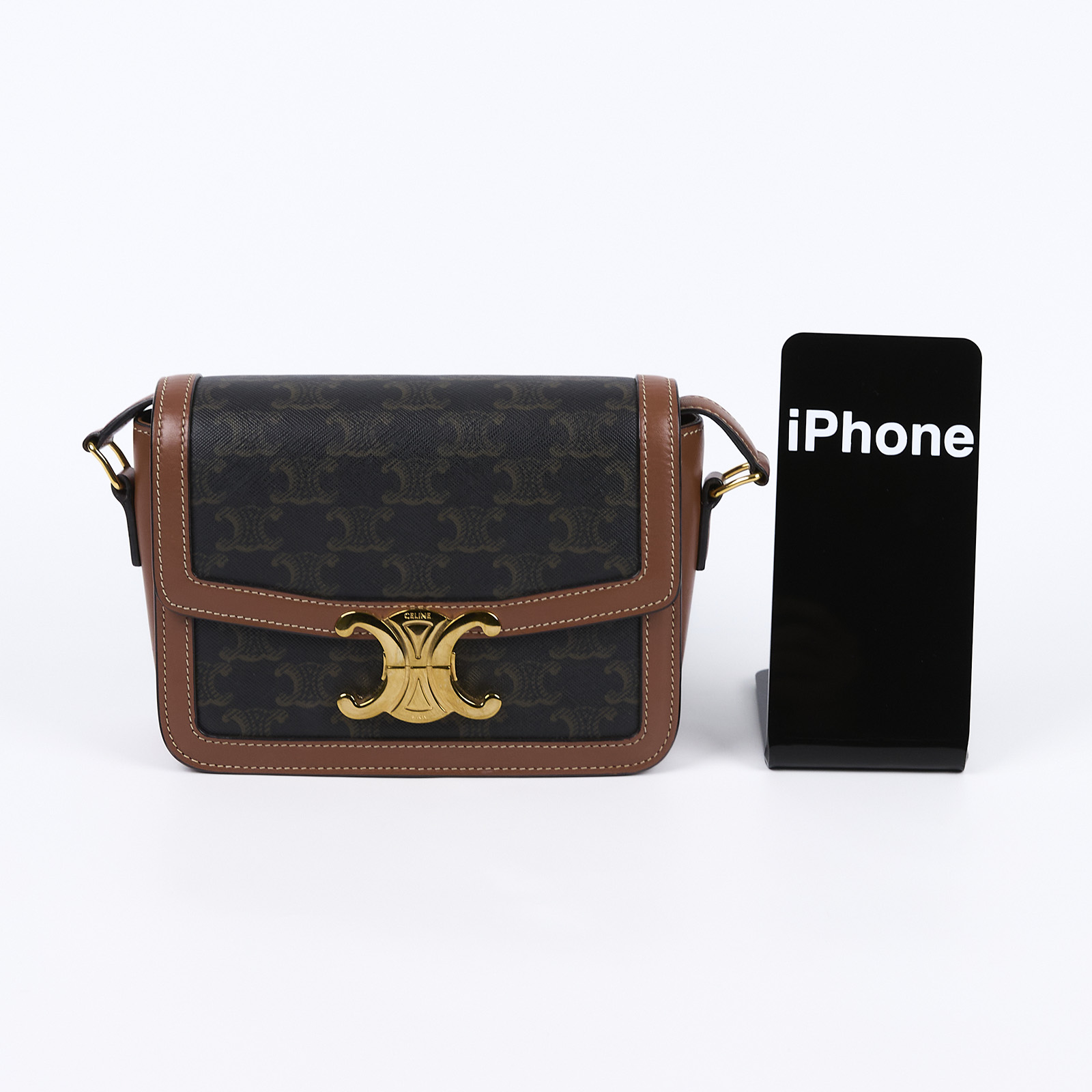 思琳 CELINE 標誌印花 牛皮革 Teen Triomphe 凱旋門 肩背包 188882BZ4 棕帆布凱旋門 TEEN 原廠盒子/防塵袋/發票