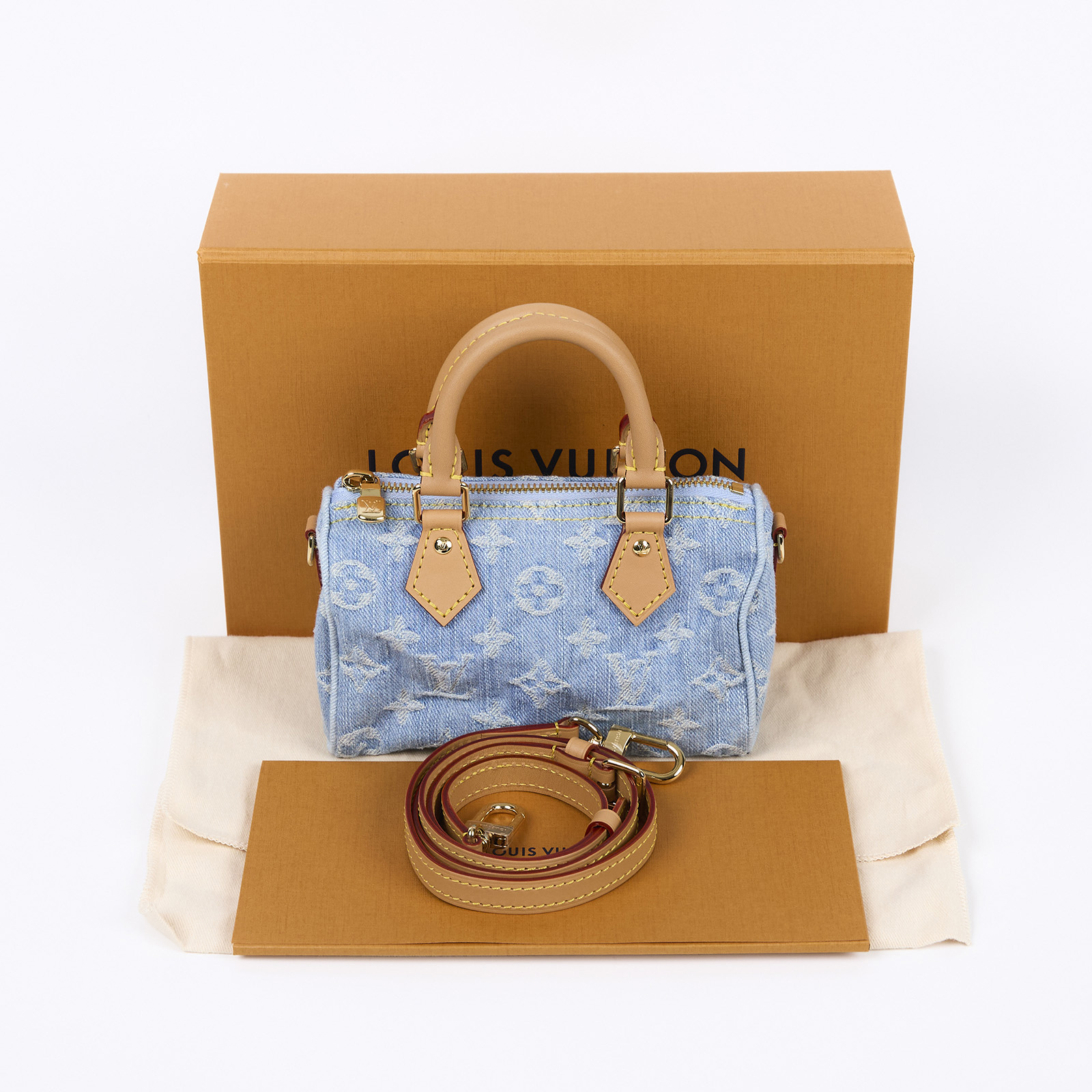 路易威登 LOUIS VUITTON Nano Speedy 手提 肩背包 丹寧 M11212 晶片款 淺藍丹寧 NANO SPEEDY 原廠盒子/防塵袋