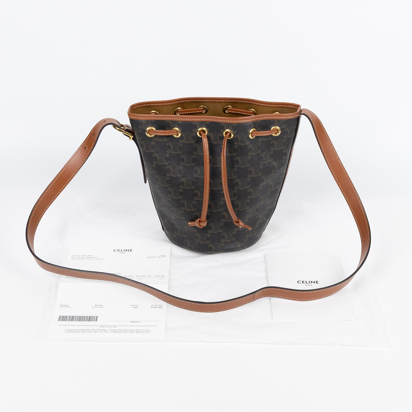 思琳 CELINE Triomphe帆布 小型 索繩 斜背 肩背 水桶包 191142BZJ 原花凱旋水桶包 購買證明