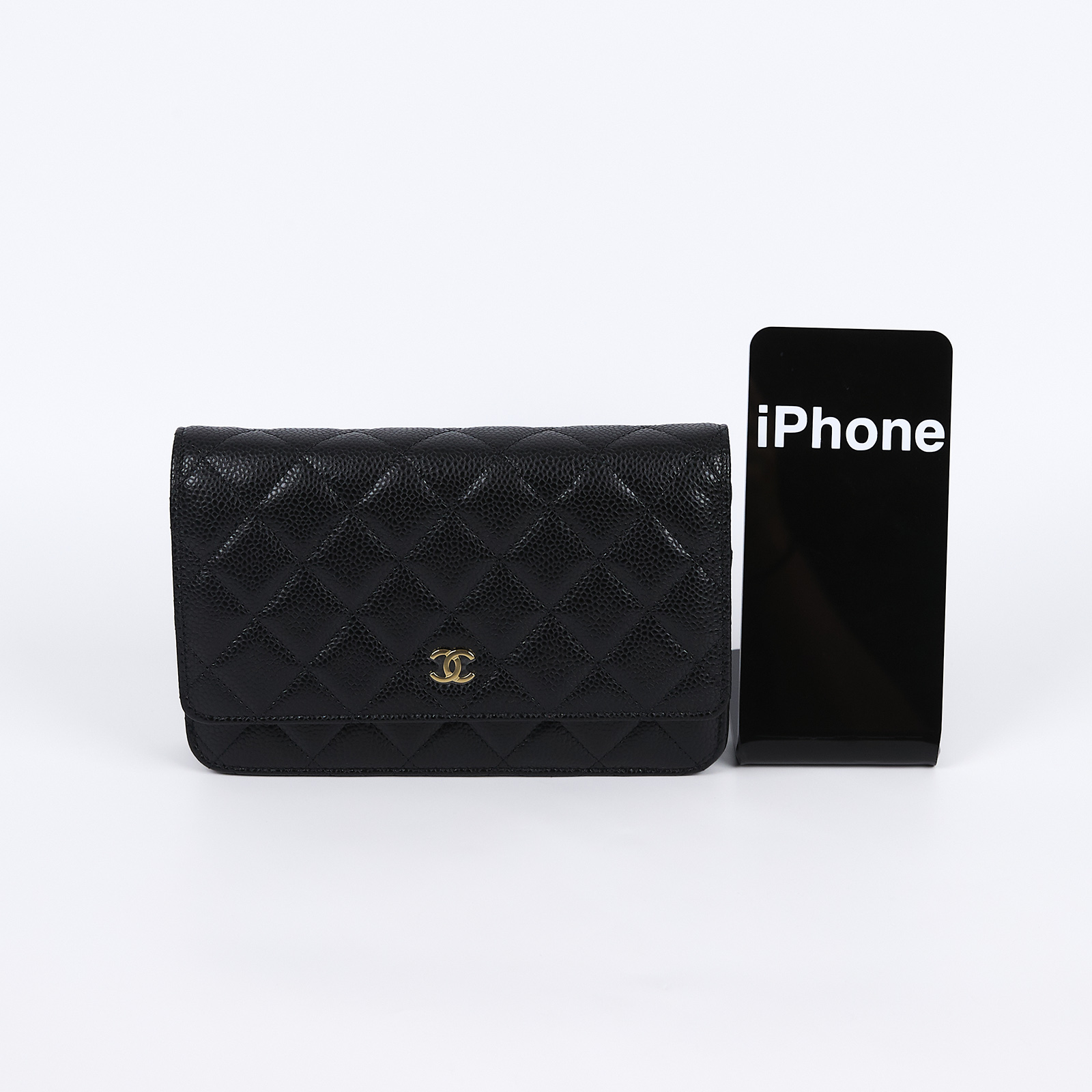 香奈兒 CHANEL 經典鏈子皮夾 菱格紋 CC LOGO AP0250 黑金荔枝牛WOC 原廠盒子/防塵袋