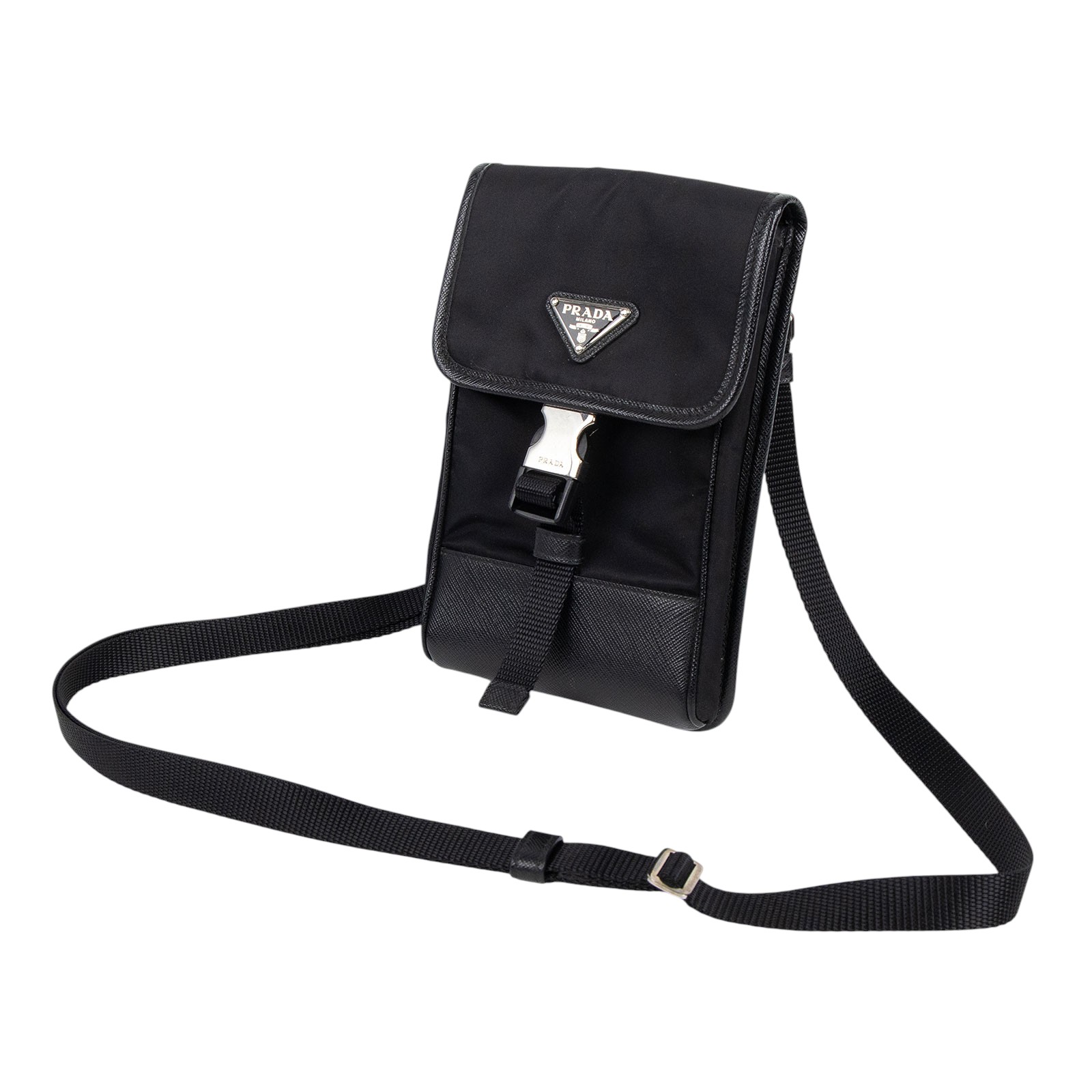普拉達 PRADA Re-Nylon Saffiano 皮革 智慧型手機 保護套 2ZH109_2DMH 黑尼龍肩背包 原廠盒子/防塵袋
