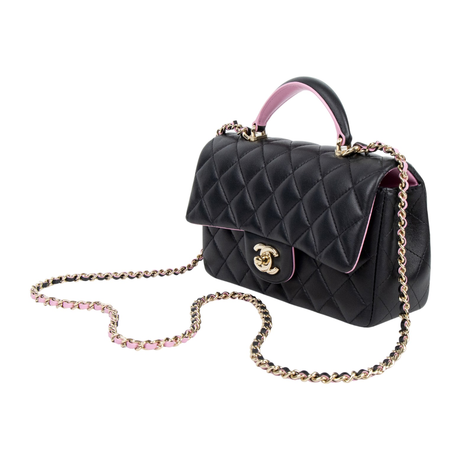 香奈兒 CHANEL Coco 20  Handle 肩背 斜背 迷你 口蓋包 AS2431 黑拼粉羊皮手提COCO20 無附屬品