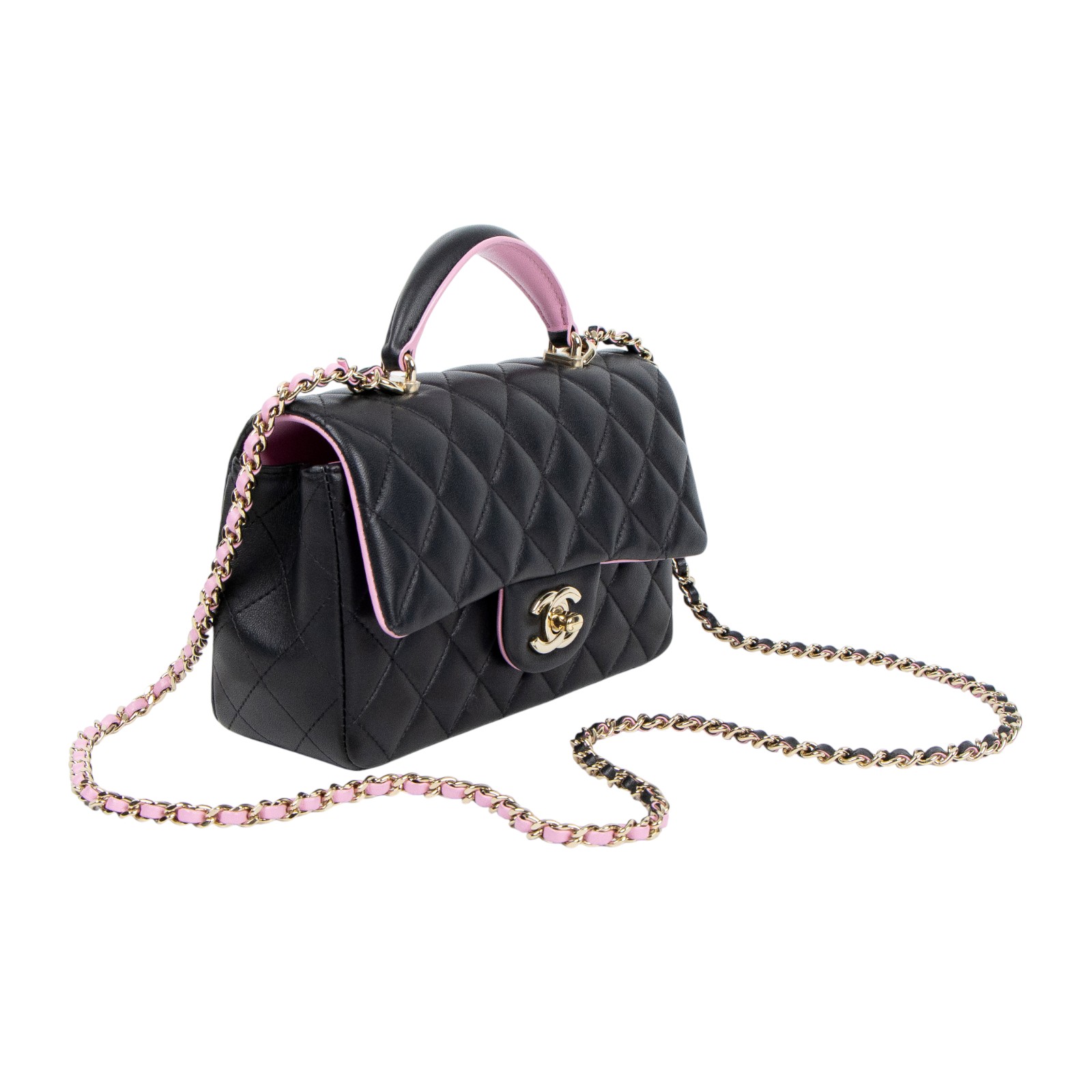 香奈兒 CHANEL Coco 20  Handle 肩背 斜背 迷你 口蓋包 AS2431 黑拼粉羊皮手提COCO20 無附屬品