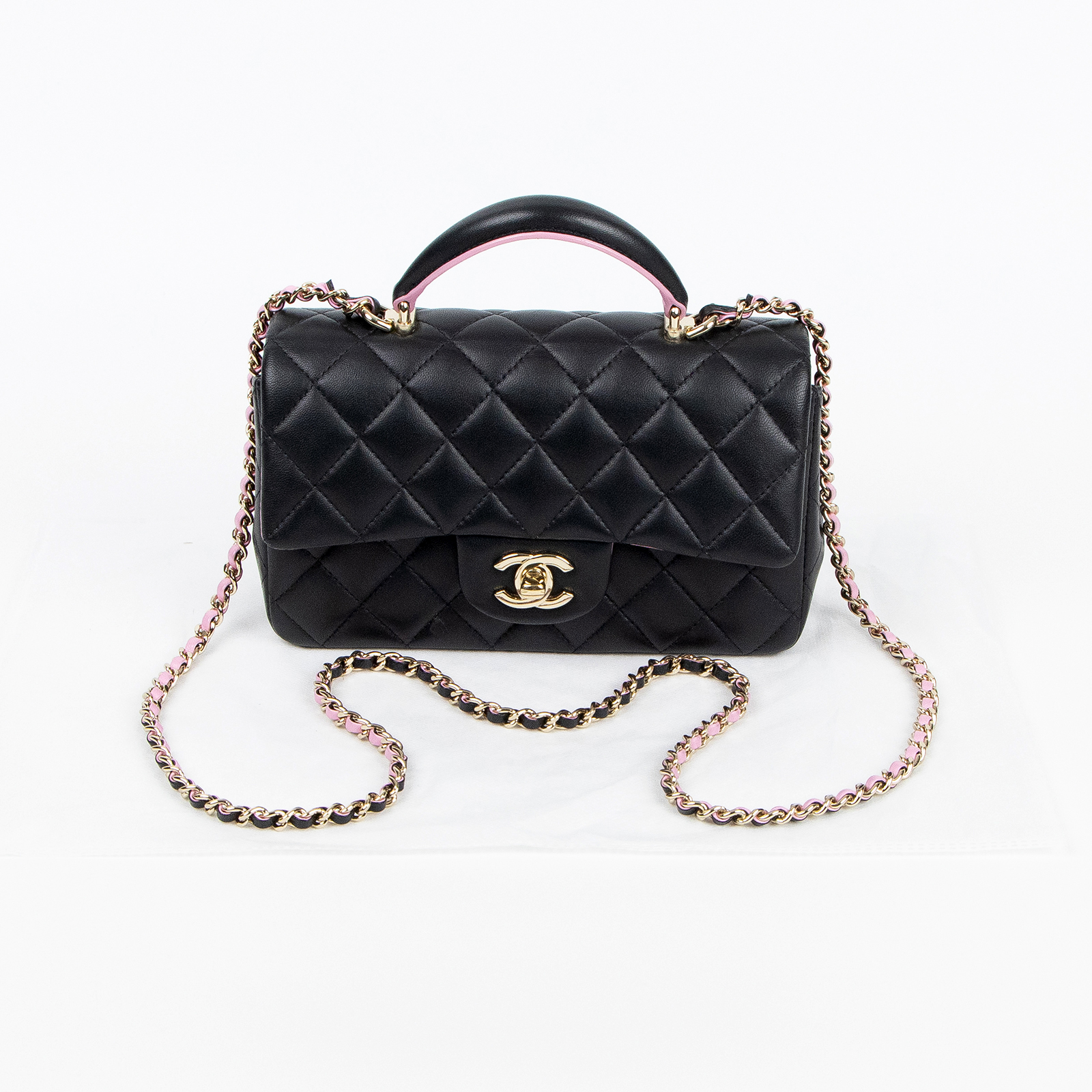 香奈兒 CHANEL Coco 20  Handle 肩背 斜背 迷你 口蓋包 AS2431 黑拼粉羊皮手提COCO20 無附屬品