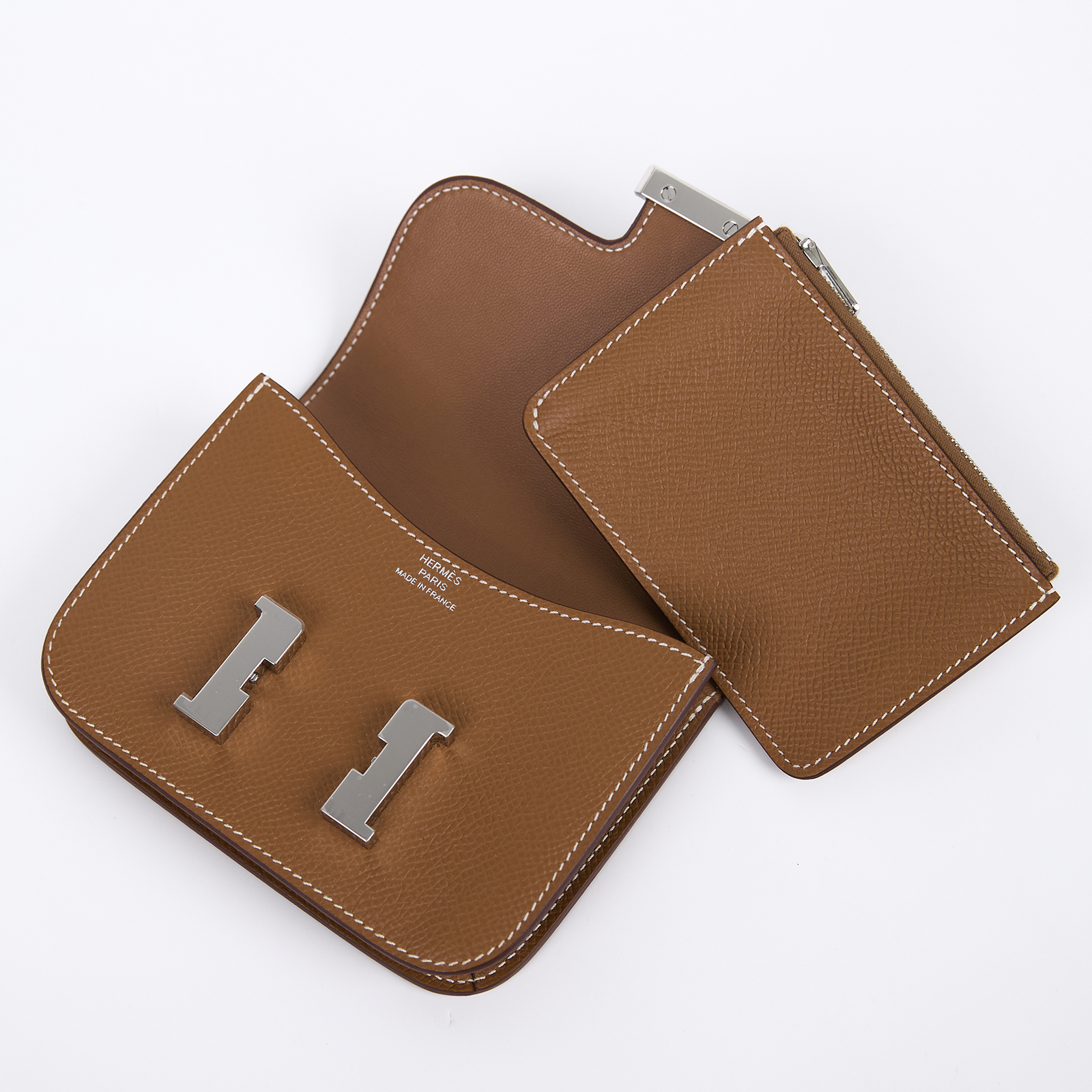 愛馬仕 Hermes Constance Slim 錢包 康康包 短夾 銀色五金 金棕色 H082060CK37 W AM 007 UH  原廠盒子/內袋