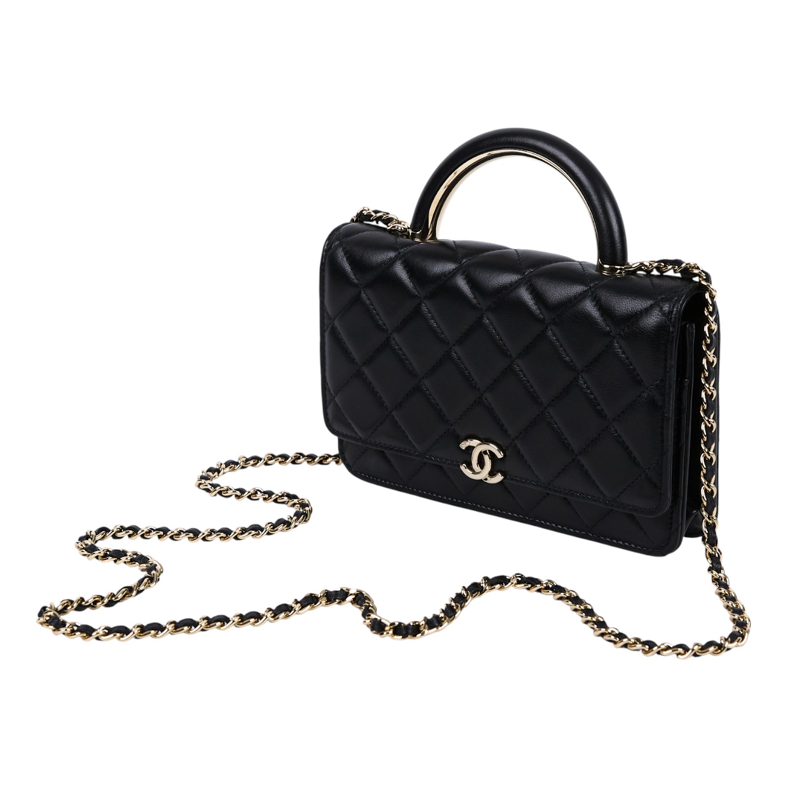 香奈兒 CHANEL WOC with Handle 皮穿鏈 錢包 AP2844 晶片款 黑金羊HANDLE WOC 原廠盒子/防塵袋