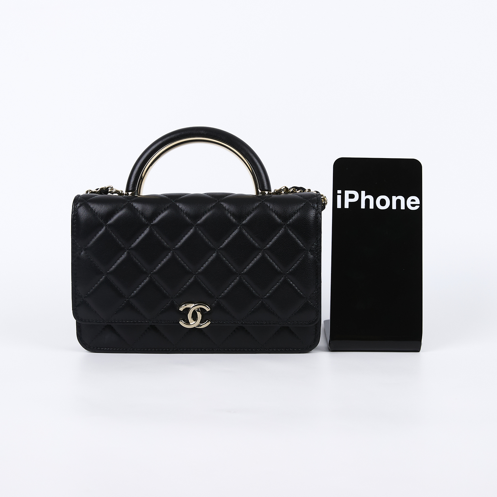 香奈兒 CHANEL WOC with Handle 皮穿鏈 錢包 AP2844 晶片款 黑金羊HANDLE WOC 原廠盒子/防塵袋