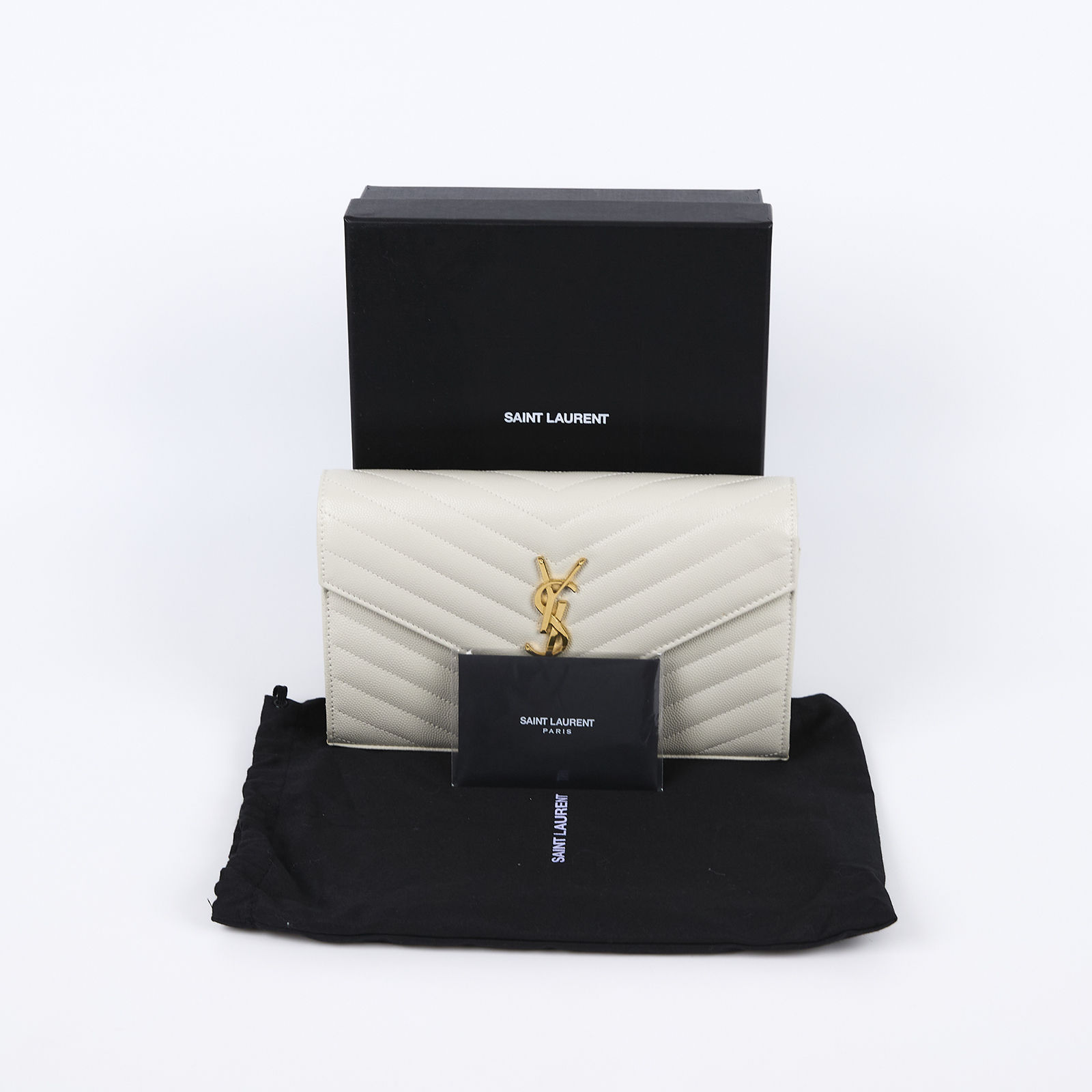 聖羅蘭 YSL SAINT LAURENT Cassandre 經典粒面皮革 鏈條 錢包 金色五金 377828BOW01 白金魚子醬WOC 原廠盒子/防塵袋