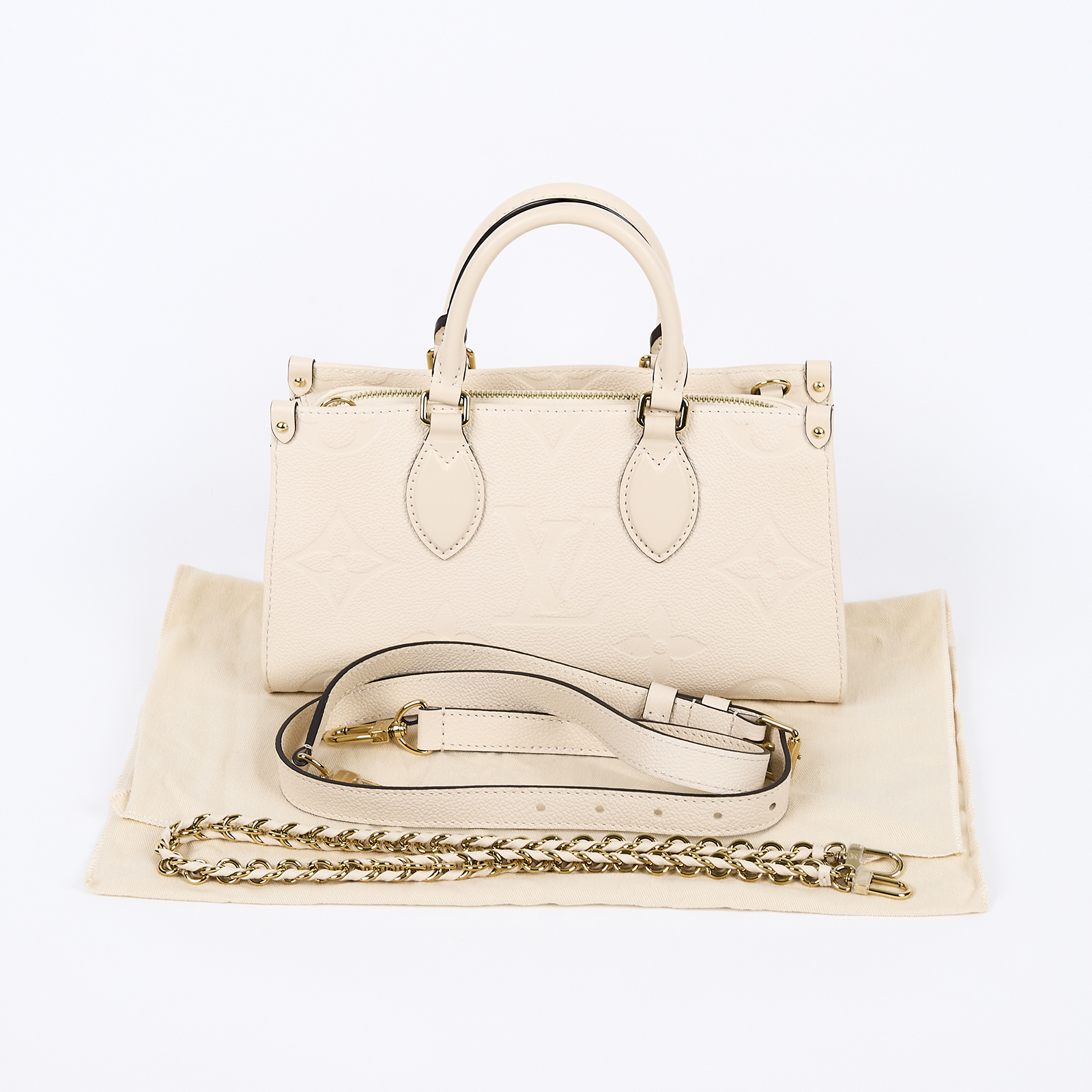 路易威登 LOUIS VUITTON OnTheGo East West 奶油色 壓花粒面牛皮 手提 斜背包 M23698 晶片款  防塵袋/背帶2