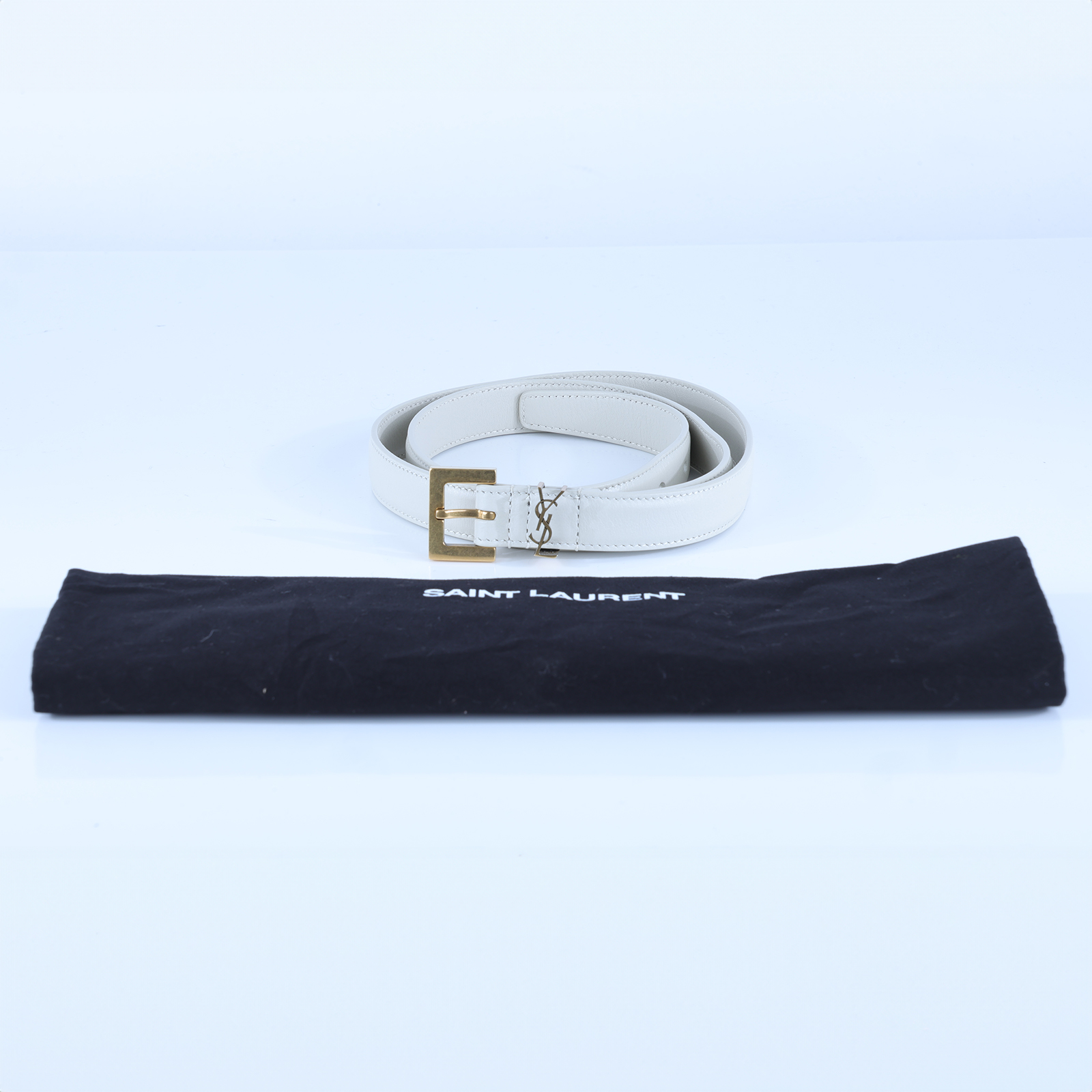 聖羅蘭 YSL SAINT LAURENT Cassandre 光面BOX皮革 方形搭扣 幼身 腰帶 554465BOO0W_85 白LOGO細皮帶 防塵袋