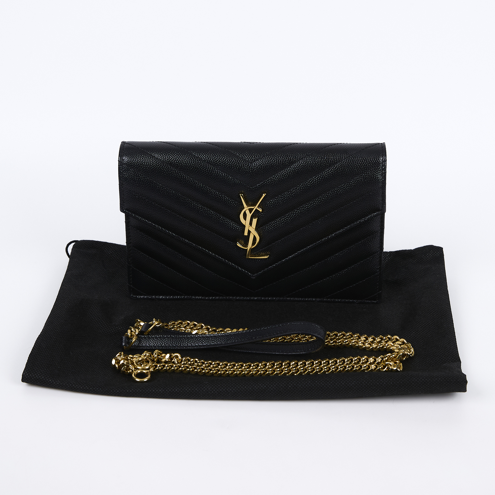 聖羅蘭 YSL SAINT LAURENT Cassandre 信封袋式 鏈條 錢包 742920BOW01 黑金魚子醬WOC 背帶