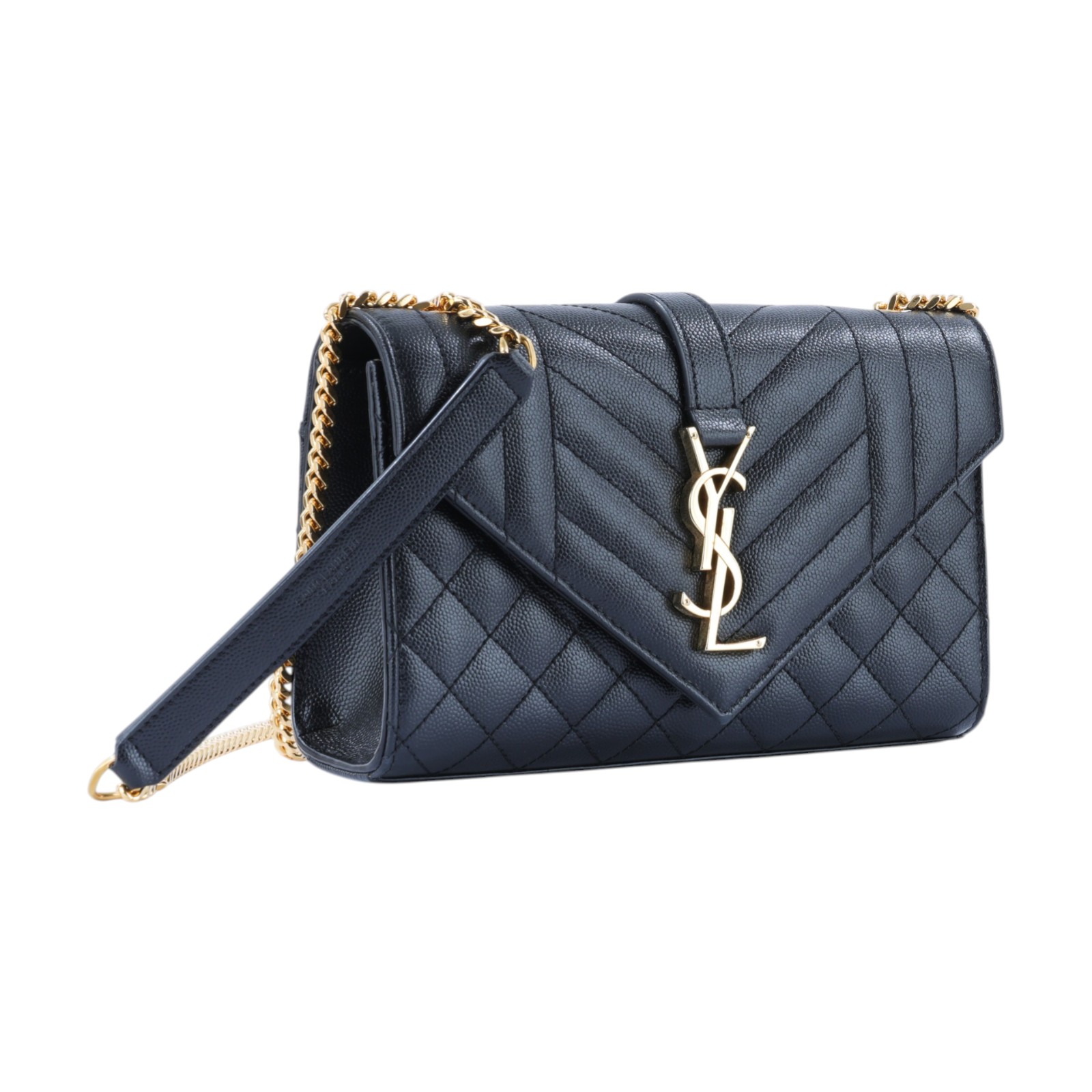 聖羅蘭 YSL SAINT LAURENT Envelope 粒面絎縫皮革 小型 信封袋 金色五金 600195BOW91 黑金ENVELOPE肩背包 防塵袋