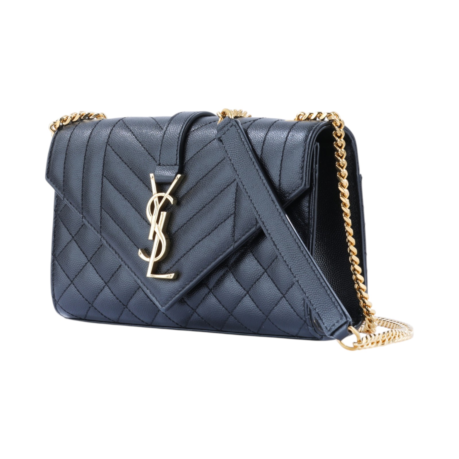 聖羅蘭 YSL SAINT LAURENT Envelope 粒面絎縫皮革 小型 信封袋 金色五金 600195BOW91 黑金ENVELOPE肩背包 防塵袋