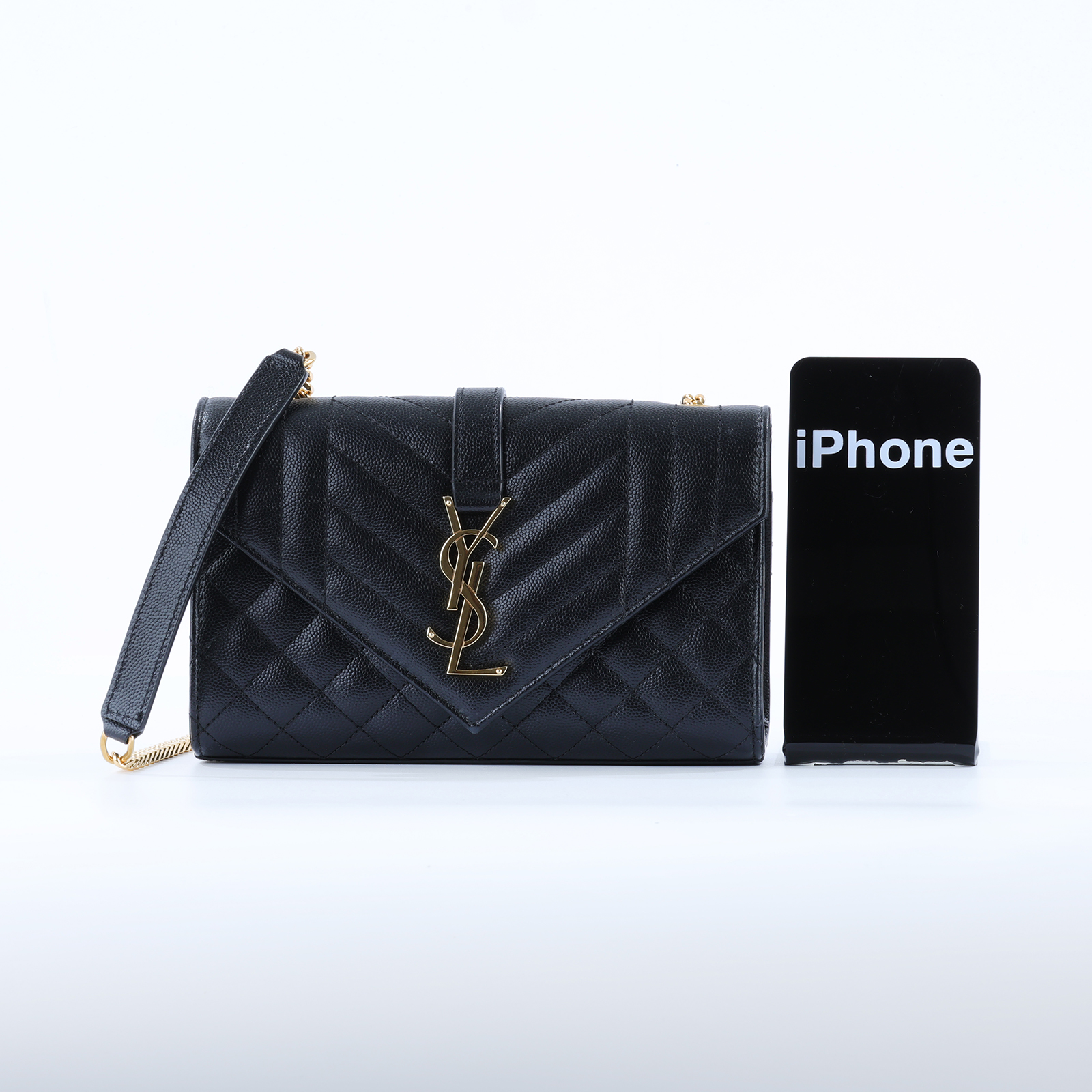 聖羅蘭 YSL SAINT LAURENT Envelope 粒面絎縫皮革 小型 信封袋 金色五金 600195BOW91 黑金ENVELOPE肩背包 防塵袋