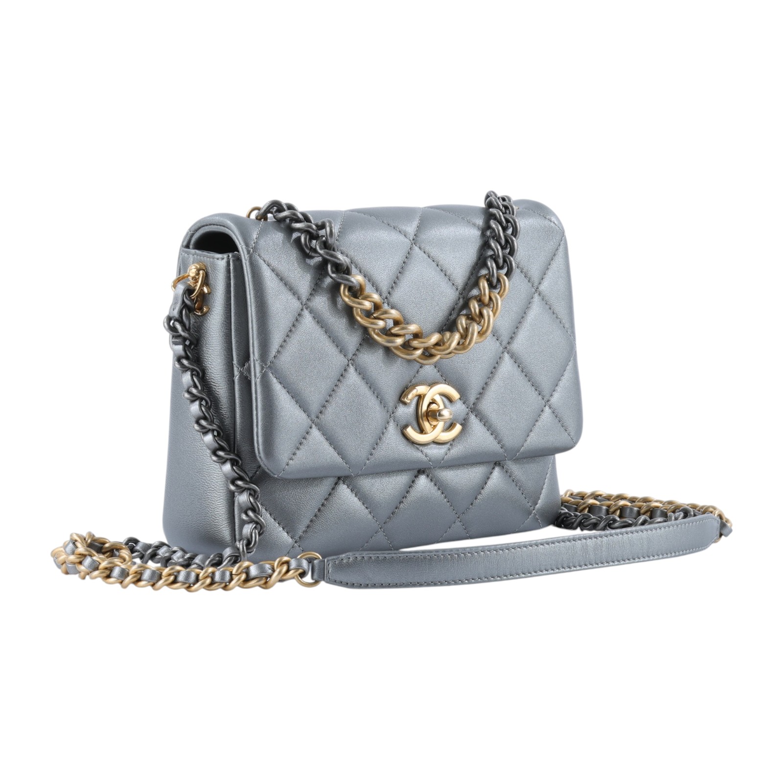 香奈兒 CHANEL Side Note CF 迷你口蓋包 手提包 肩背包 斜背包 AS2734 晶片款 銀牛皮立體LOGO口蓋包 防塵袋