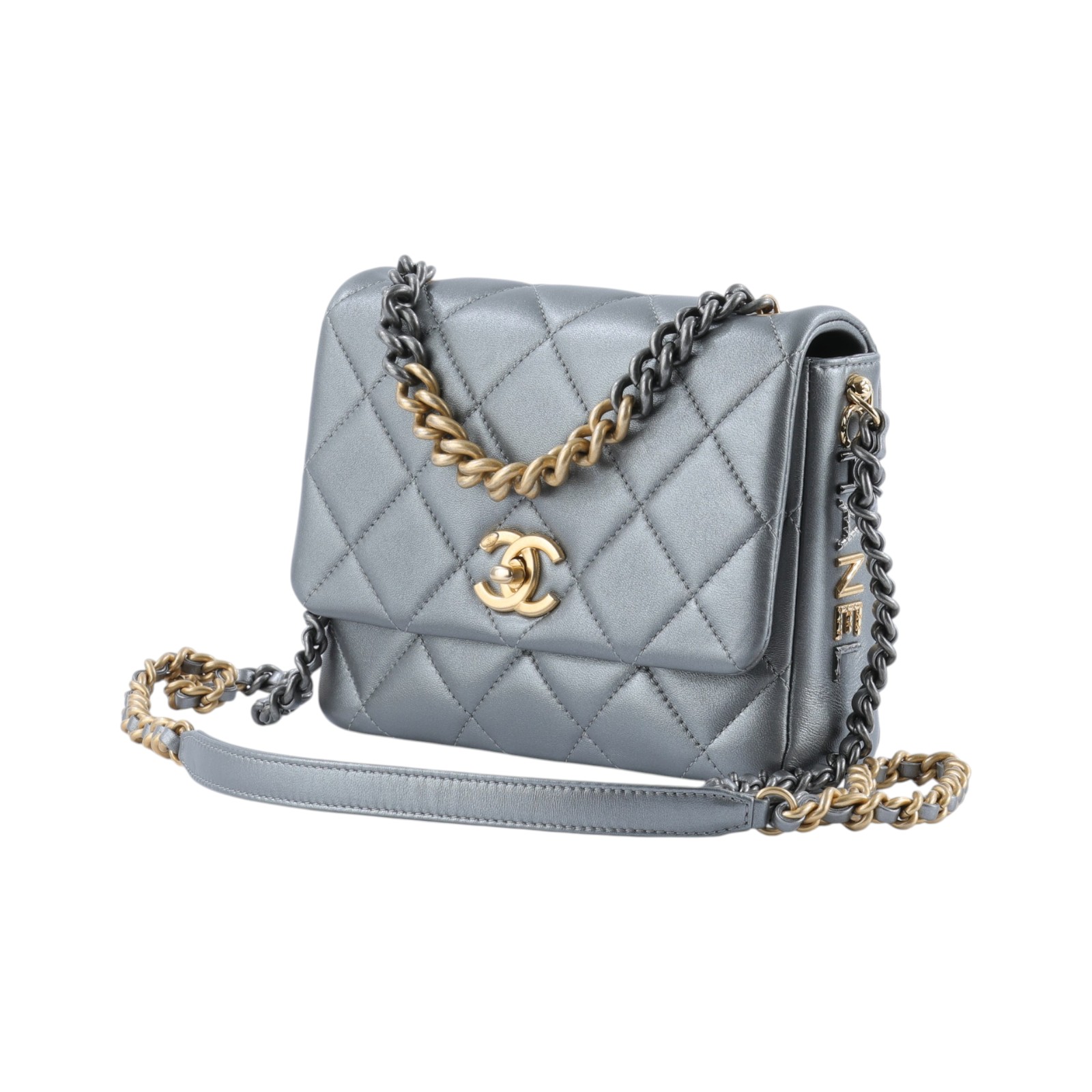 香奈兒 CHANEL Side Note CF 迷你口蓋包 手提包 肩背包 斜背包 AS2734 晶片款 銀牛皮立體LOGO口蓋包 防塵袋