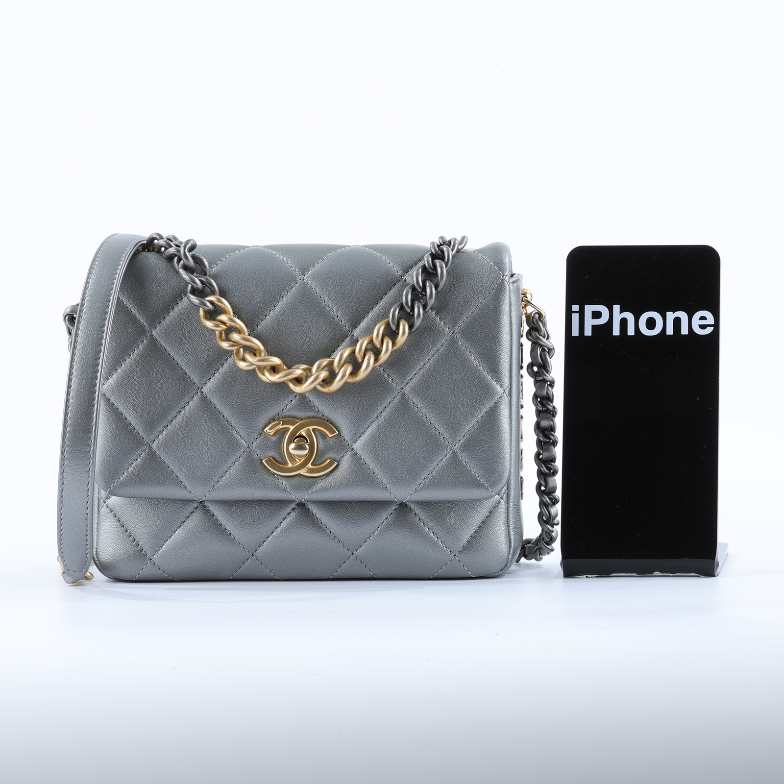 香奈兒 CHANEL Side Note CF 迷你口蓋包 手提包 肩背包 斜背包 AS2734 晶片款 銀牛皮立體LOGO口蓋包 防塵袋