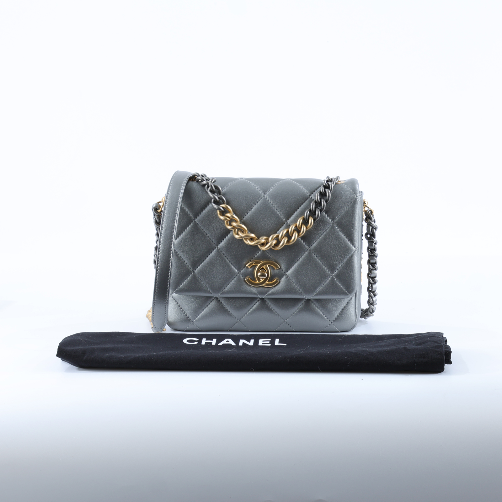 香奈兒 CHANEL Side Note CF 迷你口蓋包 手提包 肩背包 斜背包 AS2734 晶片款 銀牛皮立體LOGO口蓋包 防塵袋