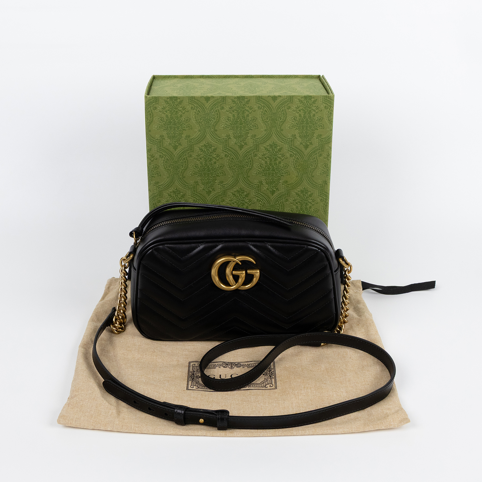 古馳 GUCCI GG Marmont 小型 絎縫 肩揹袋 447632 DTD1T 黑金MARMONT相機包 原廠盒子/防塵袋