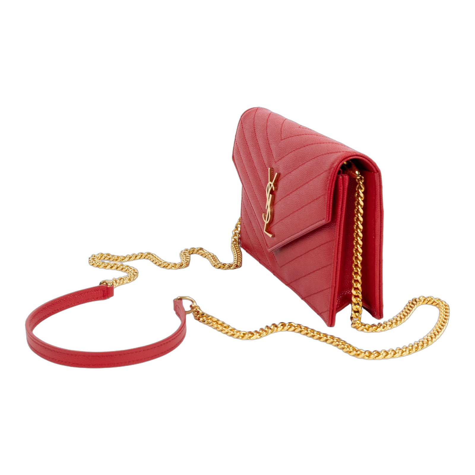 聖羅蘭 YSL SAINT LAURENT 山形紋 鏈袋 信封包 金扣 393953BOW01 紅金魚子醬WOC 原廠盒子/防塵袋/背帶