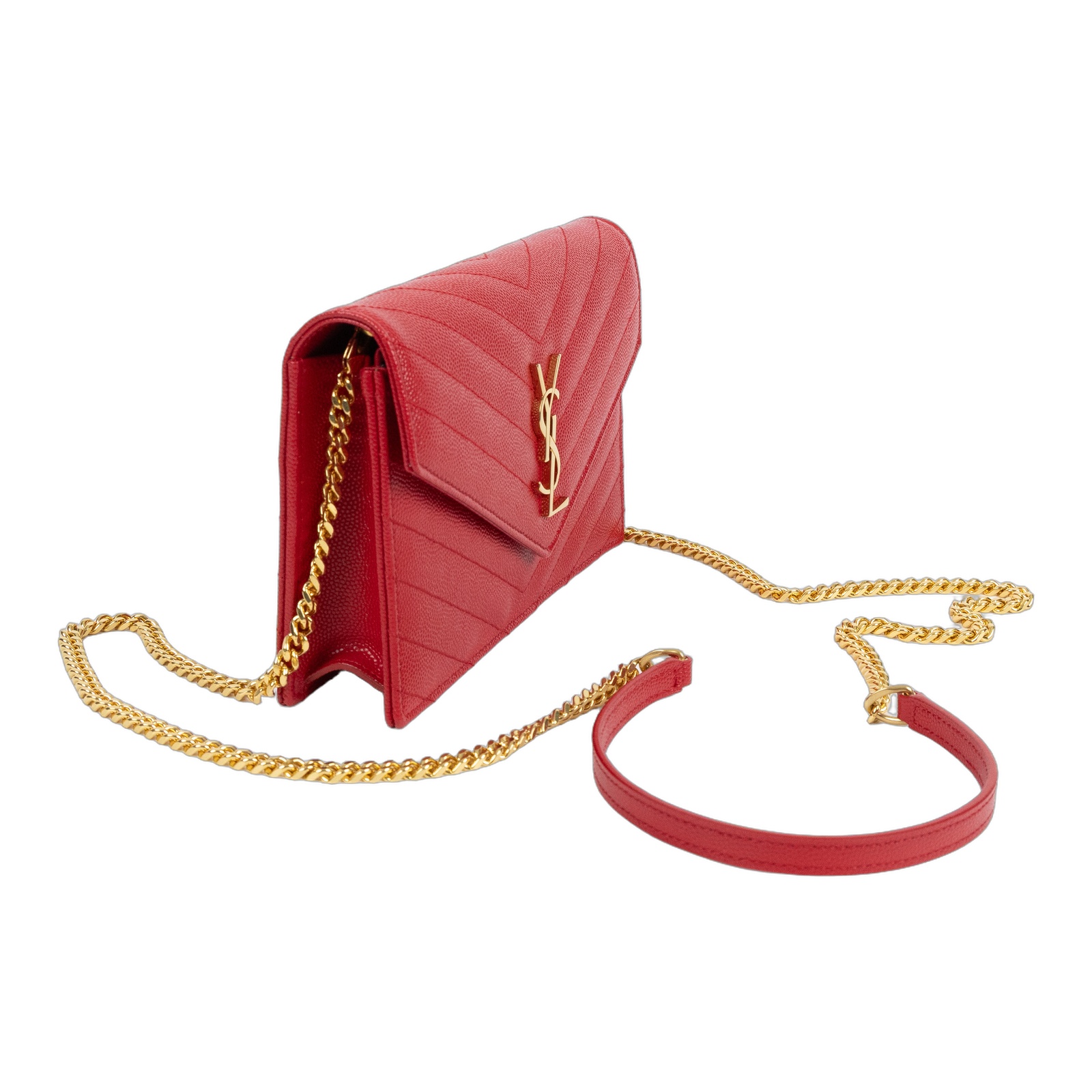 聖羅蘭 YSL SAINT LAURENT 山形紋 鏈袋 信封包 金扣 393953BOW01 紅金魚子醬WOC 原廠盒子/防塵袋/背帶