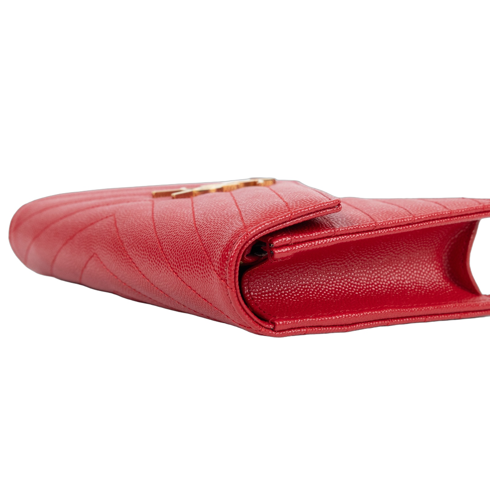 聖羅蘭 YSL SAINT LAURENT 山形紋 鏈袋 信封包 金扣 393953BOW01 紅金魚子醬WOC 原廠盒子/防塵袋/背帶