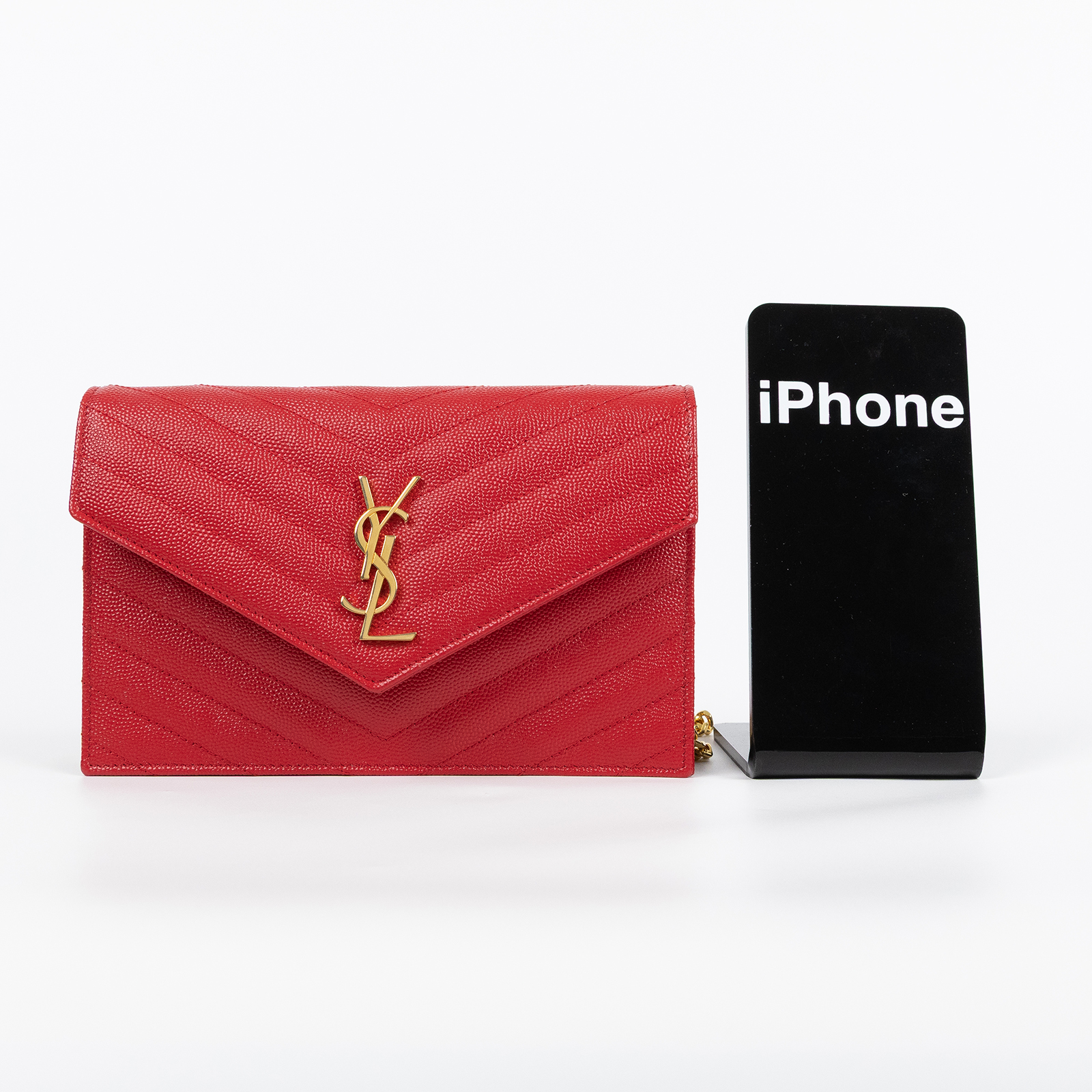 聖羅蘭 YSL SAINT LAURENT 山形紋 鏈袋 信封包 金扣 393953BOW01 紅金魚子醬WOC 原廠盒子/防塵袋/背帶