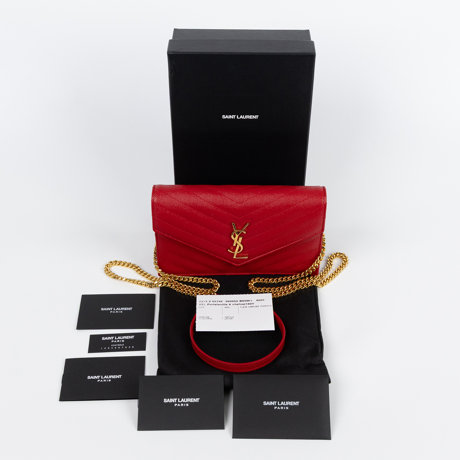 聖羅蘭 YSL SAINT LAURENT 山形紋 鏈袋 信封包 金扣 393953BOW01 紅金魚子醬WOC 原廠盒子/防塵袋/背帶