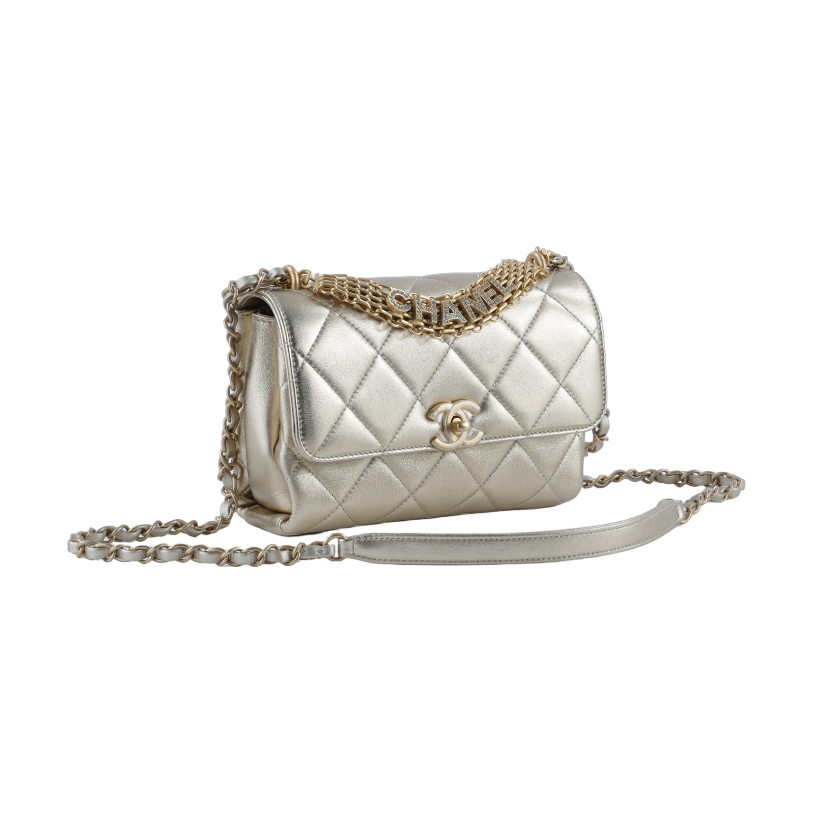 香奈兒 CHANEL Handle 口蓋包 AS3240  金色羊皮水鑽HANDLE 肩背包 無附屬品