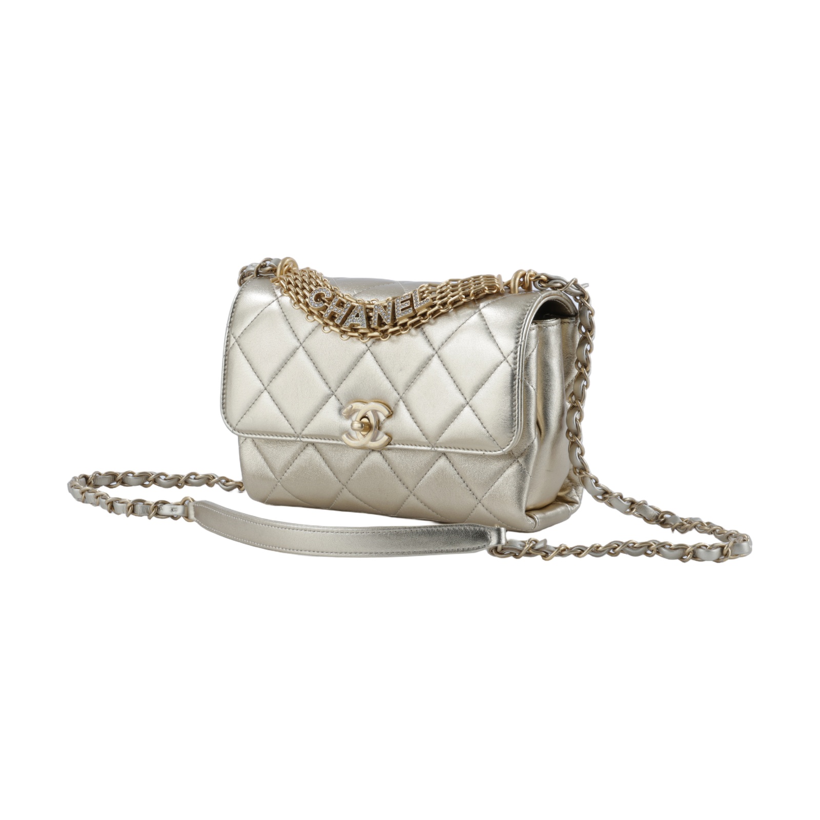 香奈兒 CHANEL Handle 口蓋包 AS3240  金色羊皮水鑽HANDLE 肩背包 無附屬品