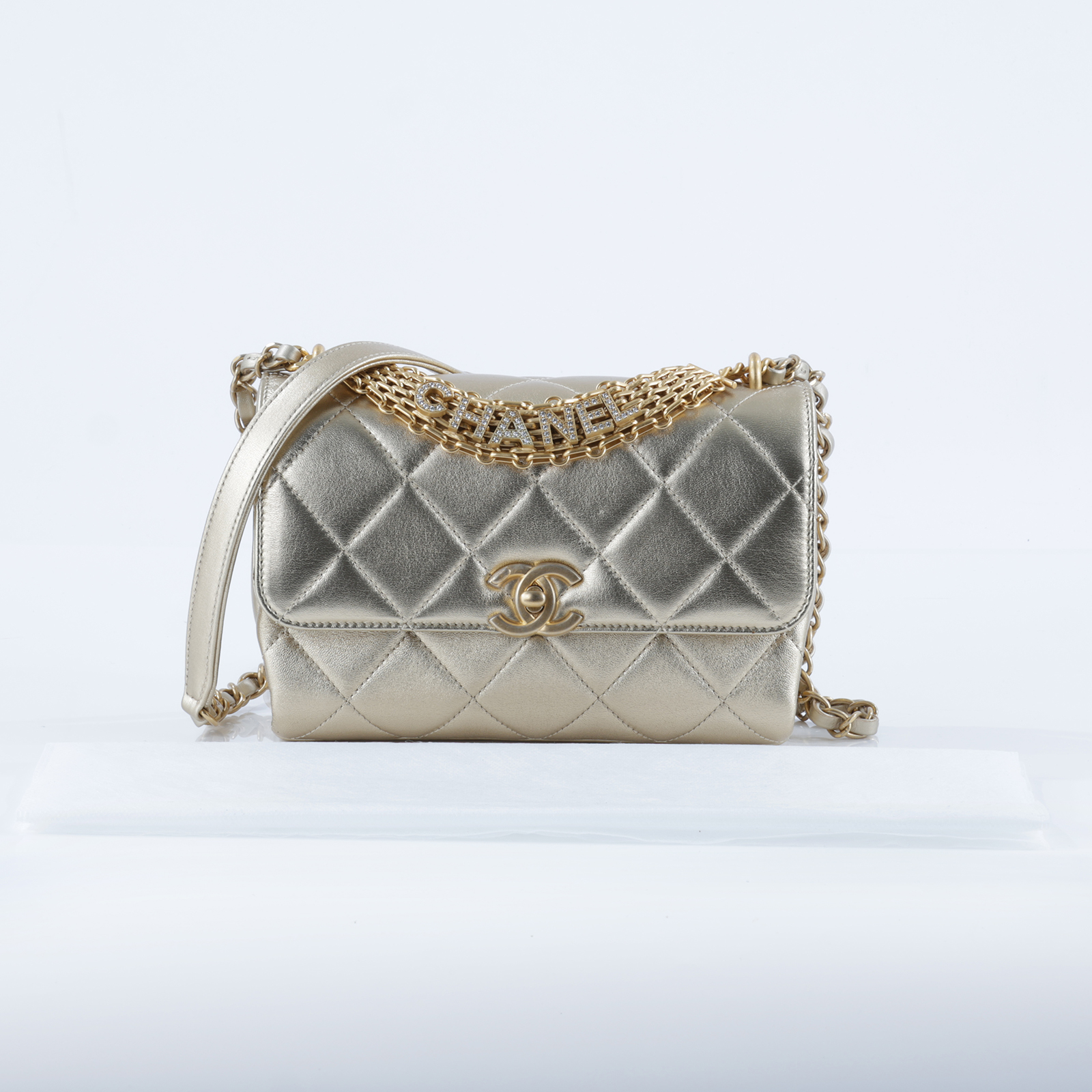 香奈兒 CHANEL Handle 口蓋包 AS3240  金色羊皮水鑽HANDLE 肩背包 無附屬品