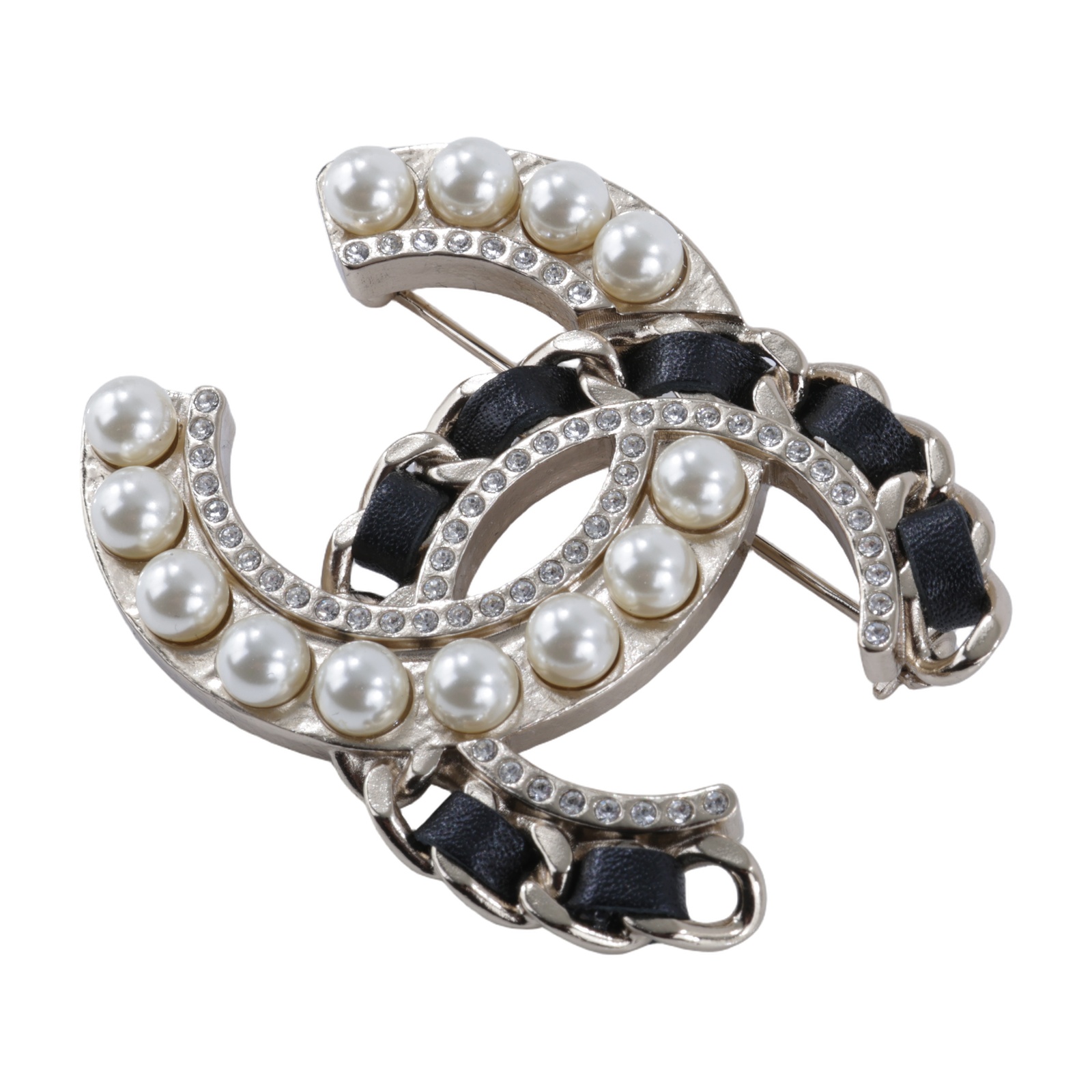 香奈兒 CHANEL CC LOGO 胸針 AB0128 Y47479AB0128/B19V 金色皮穿繩拚珍珠胸針 原廠盒子/內襯/購買證明