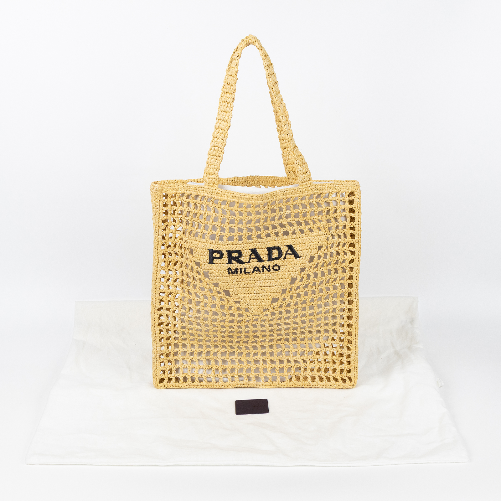 普拉達 PRADA 鉤織手提袋 1BG393_2A2T 原色拉菲草托特包 防塵袋